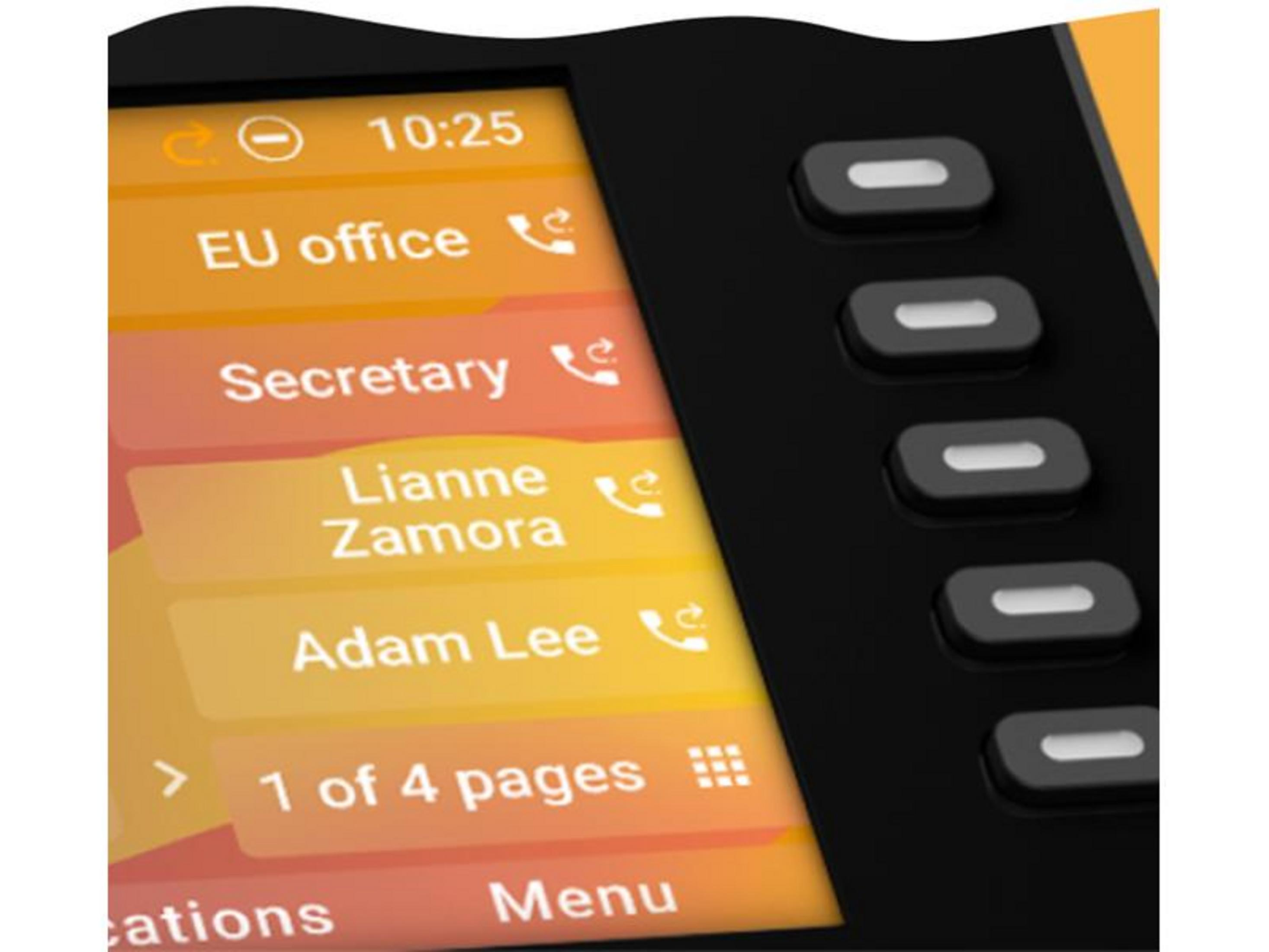 Ekran telefonu pokazuje kontakty: Biuro UE, Sekretarka, Lianne Zamora, Adam Lee.
