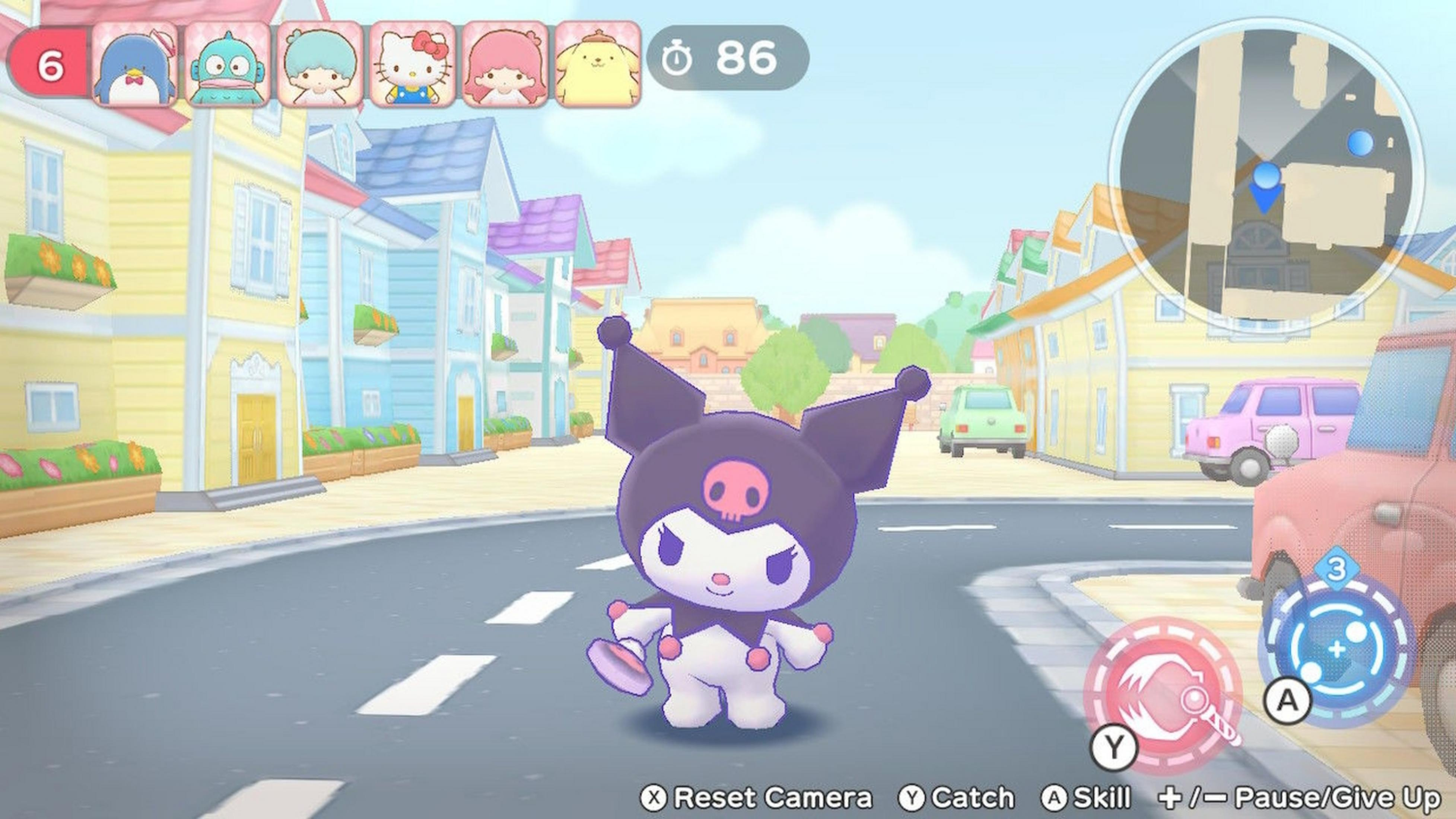 Kuromi steht auf einer Straße mit bunten Häusern und Autos. Ein Spiel-Interface ist sichtbar.