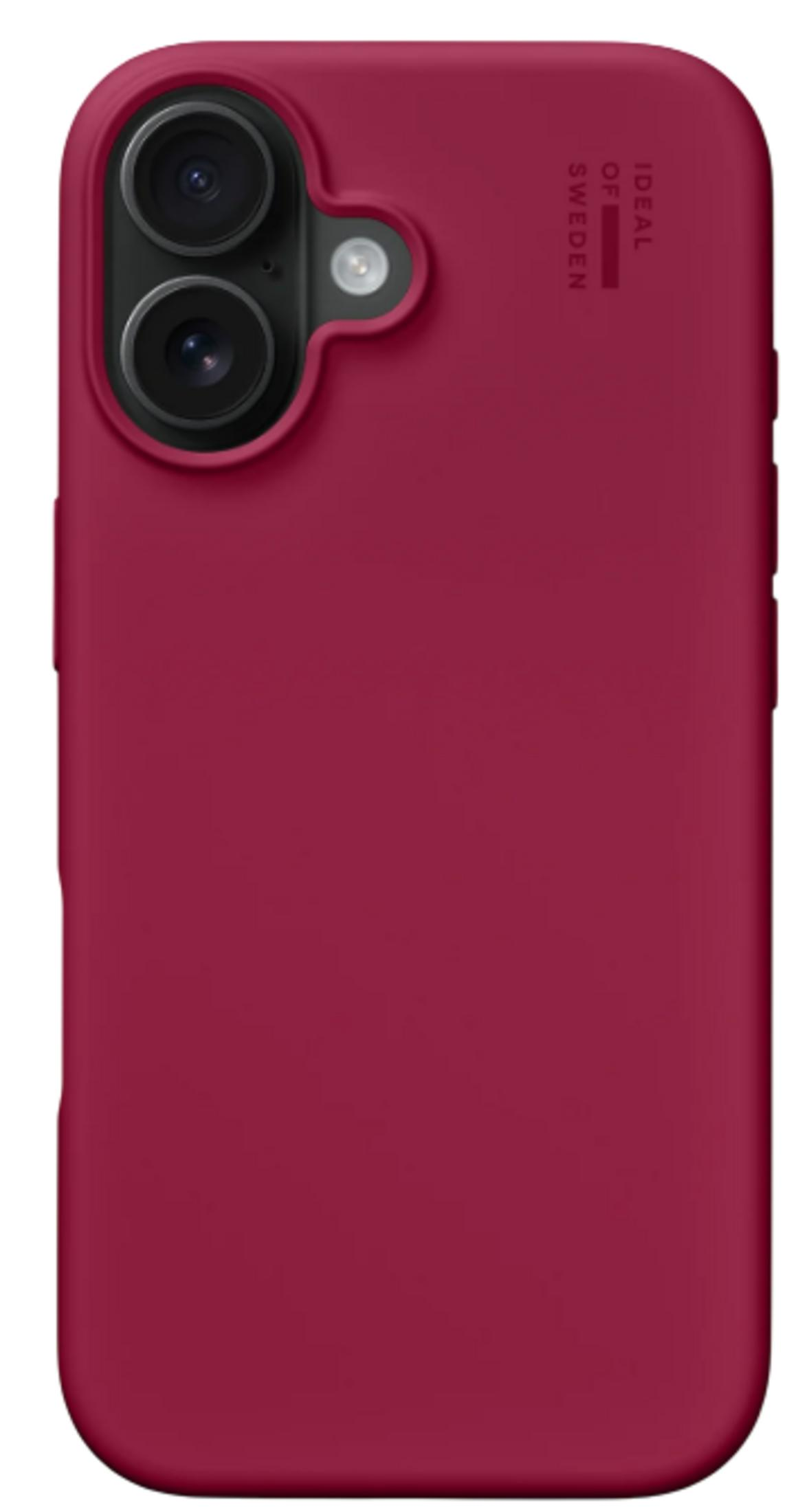 Rote Handyhülle mit doppelter Kamera und Blitz. Logo oben rechts.
