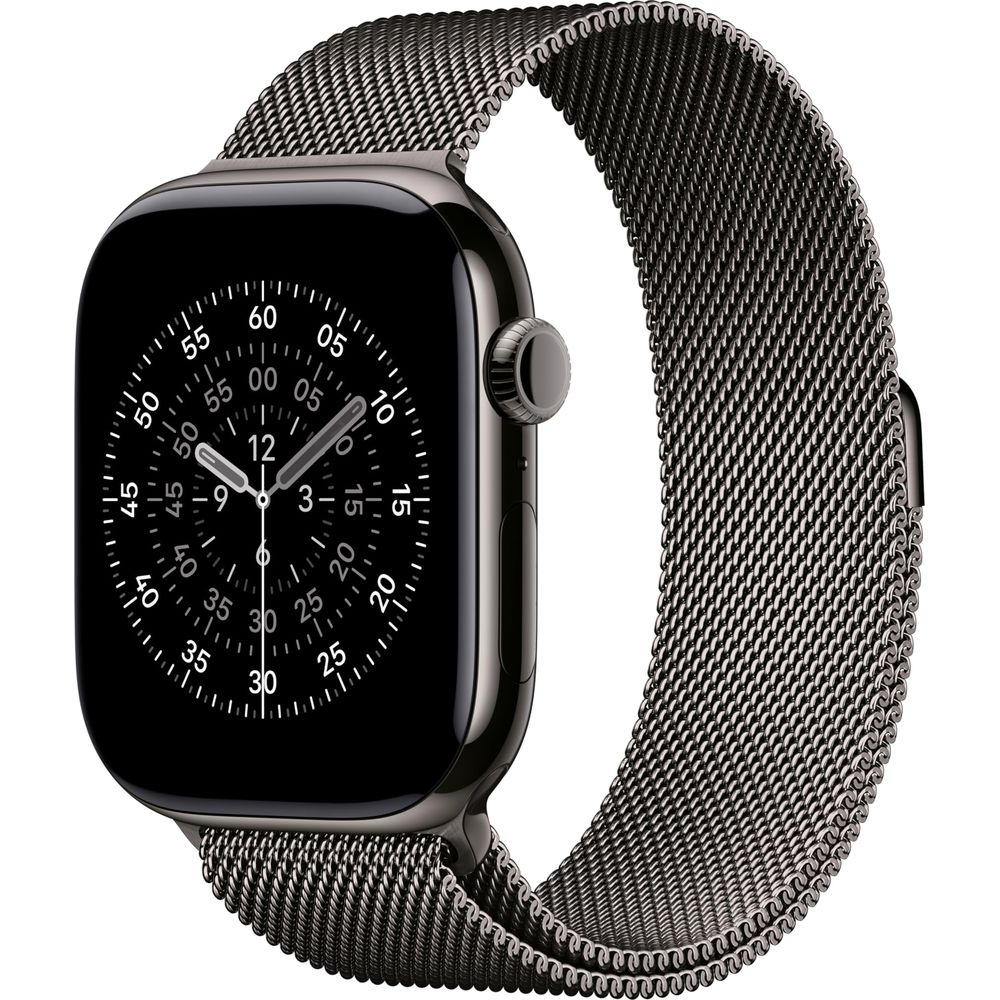 Ciemny smartwatch z siatkową bransoletą, wyświetlający 12:09.