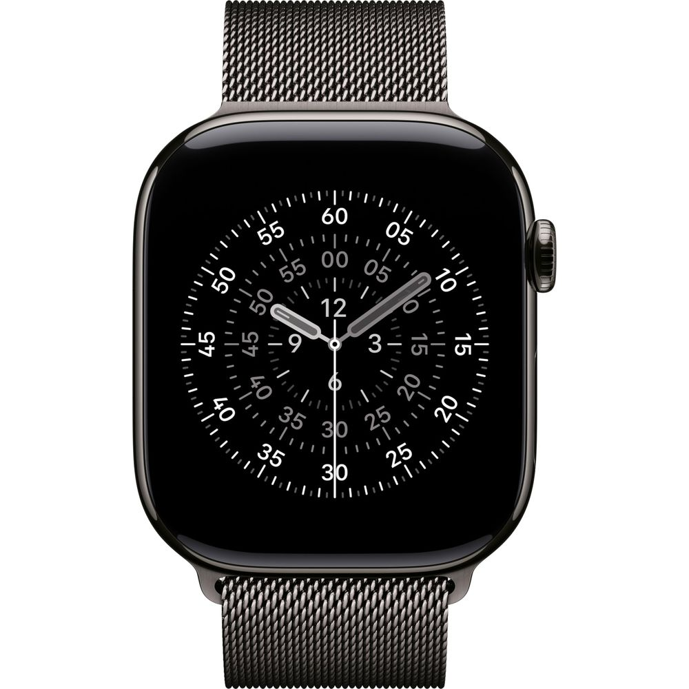 Czarny smartwatch z paskiem typu Milanese loop ma czarną tarczę z białymi oznaczeniami.