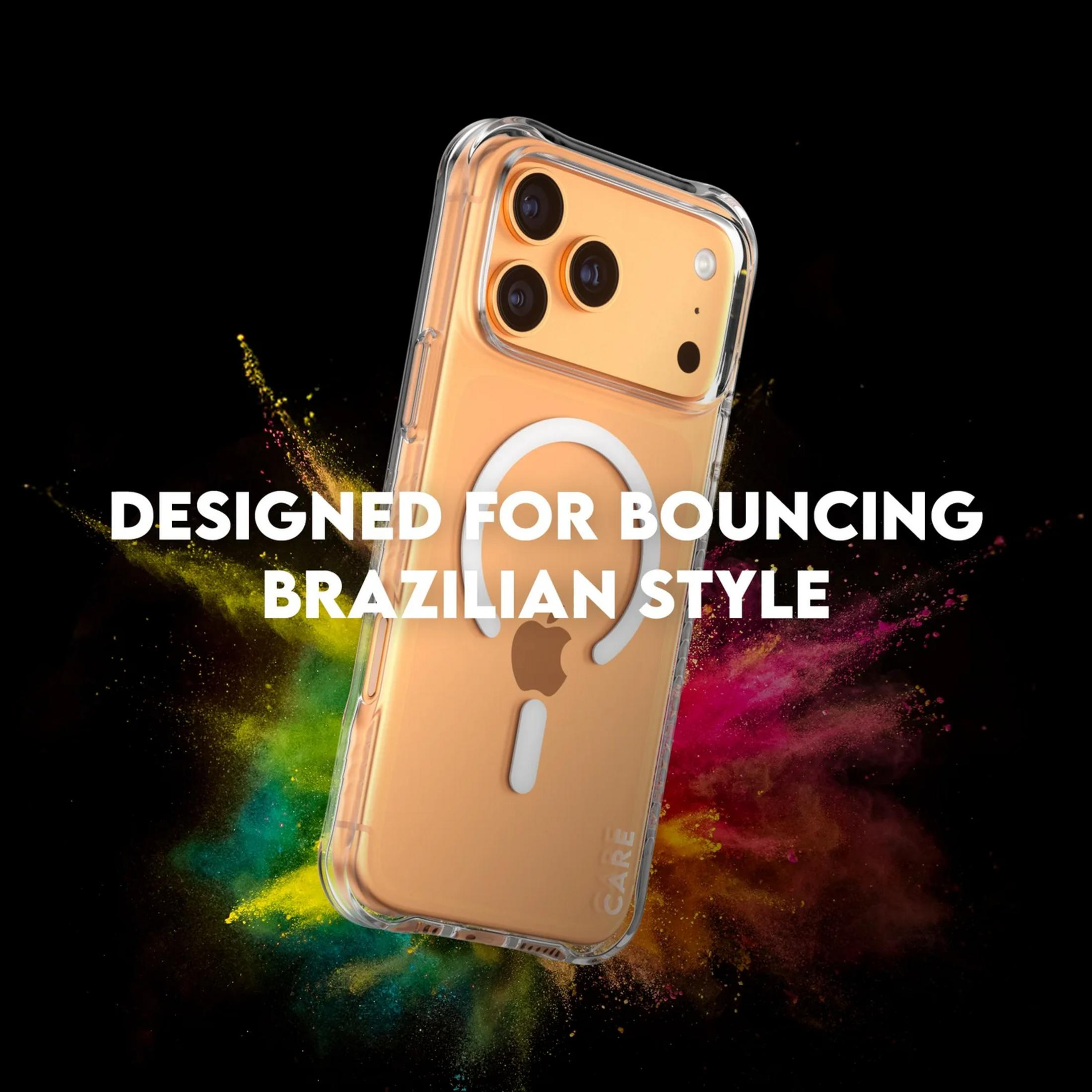 Une coque de téléphone transparente à accent orange et explosion colorée.