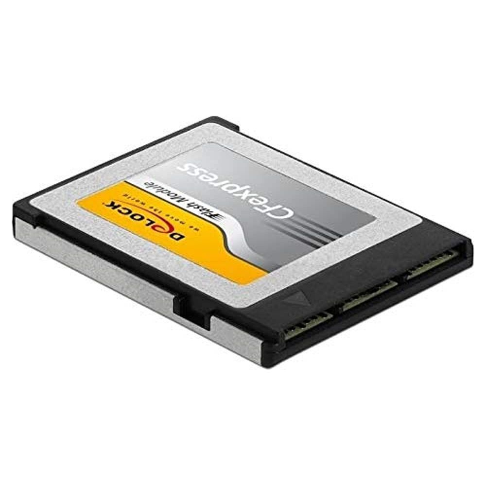Un modulo di memoria CFexpress nero Delock con accento giallo.
