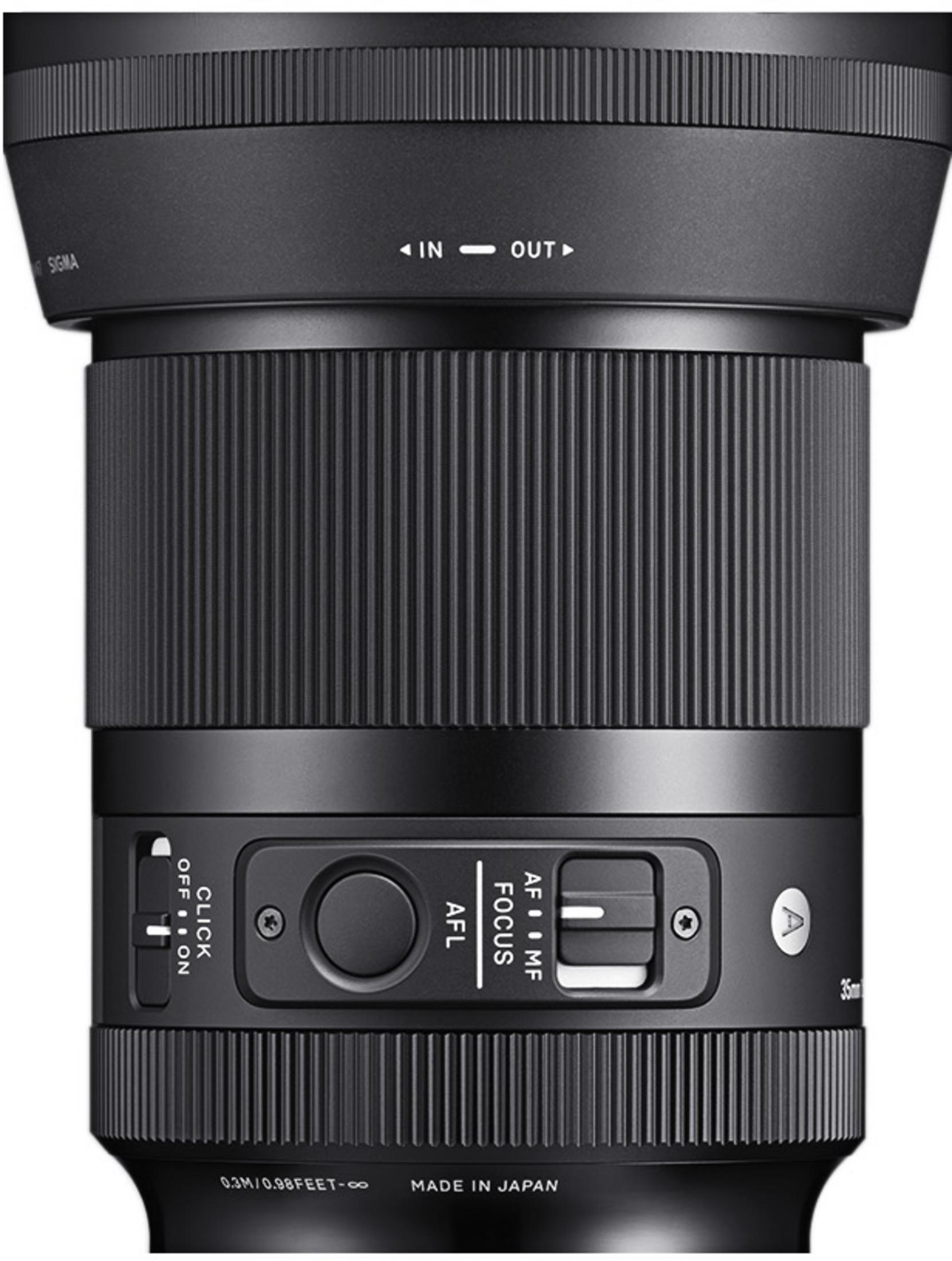 Czarny obiektyw aparatu z pierścieniami ostrości i zoomu, przełącznikami i etykietami.