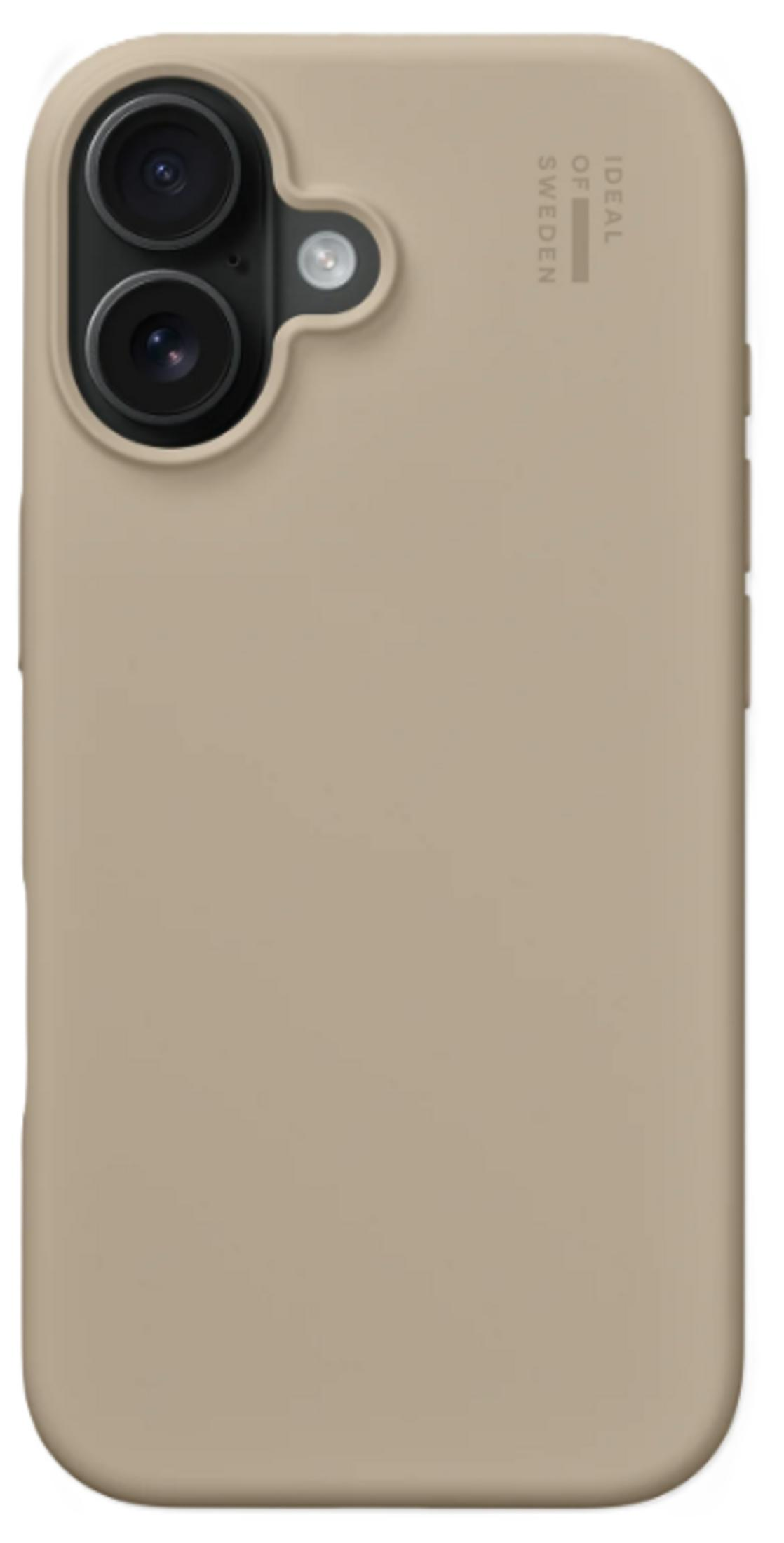 Eine beige Handyhülle mit zwei Kameralinsen und Blitz.