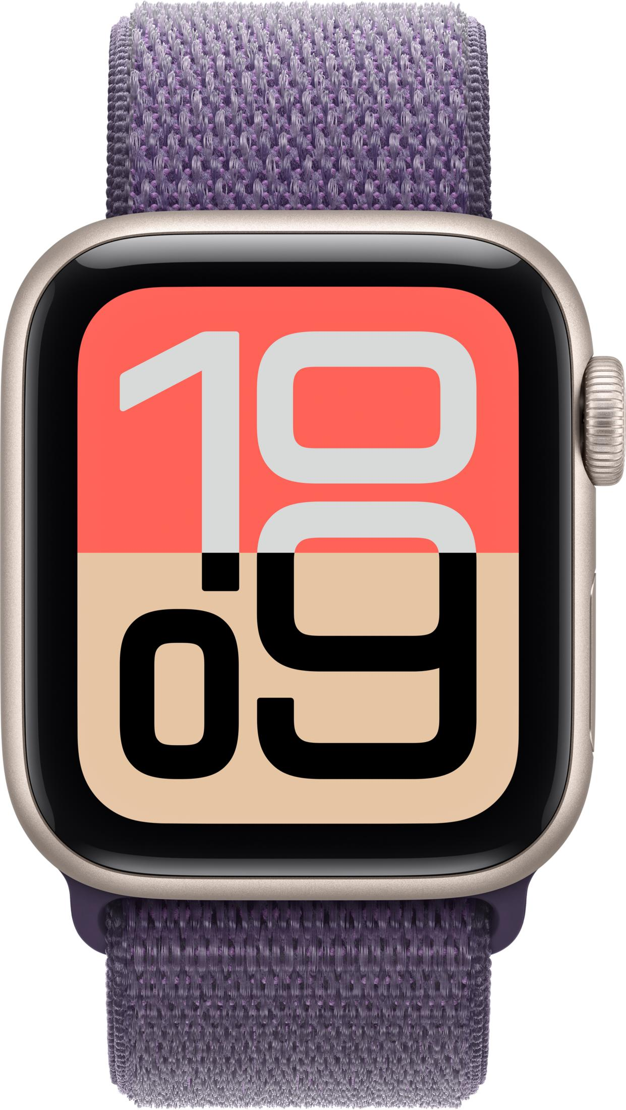 Primo piano di uno smartwatch con cinturino viola, che mostra l'ora 10:09.