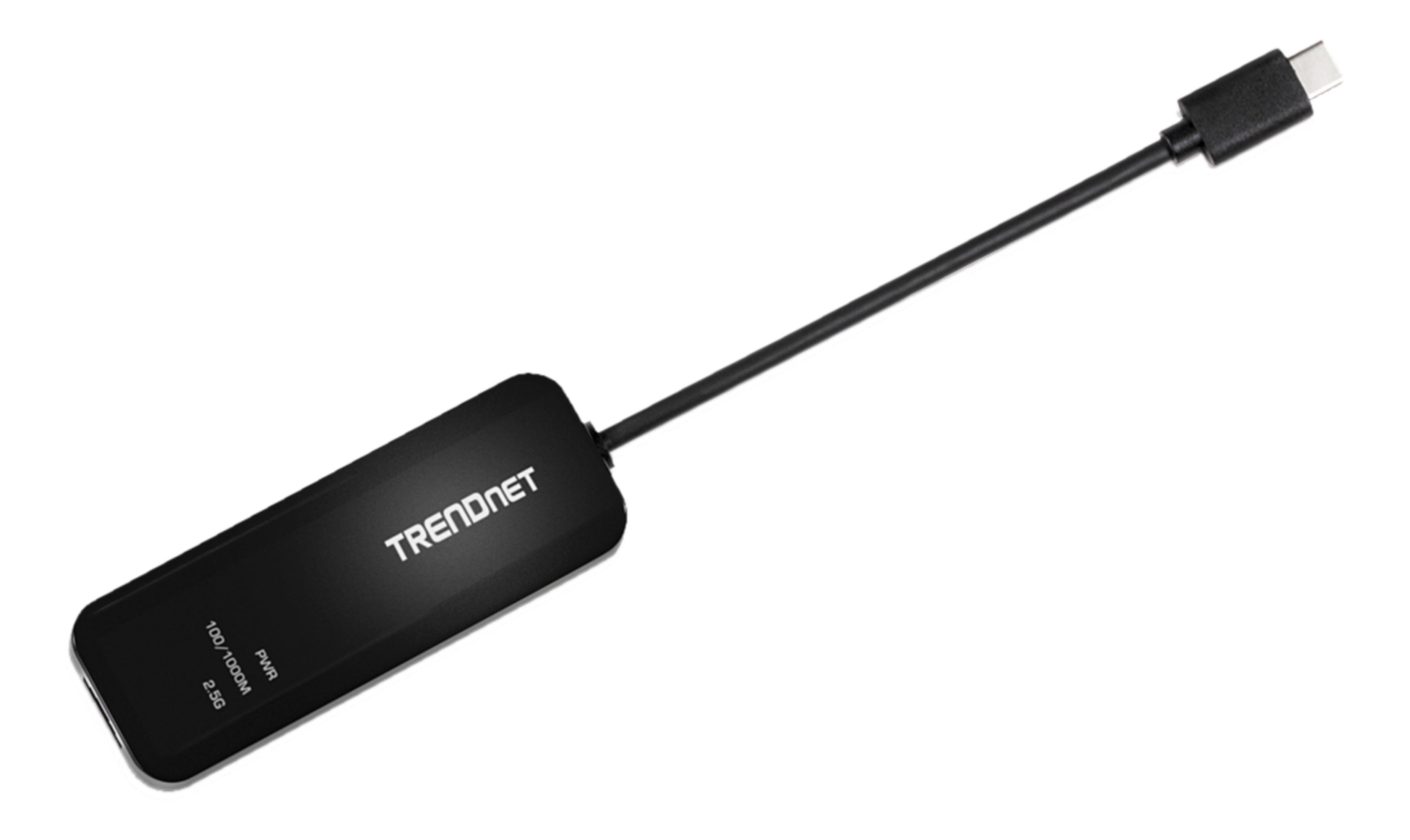 Schwarzer USB-C-Adapter mit Kabel und Anschluss. Beschriftet mit TRENDNET, 100/1000M, PWR, 2.5G.