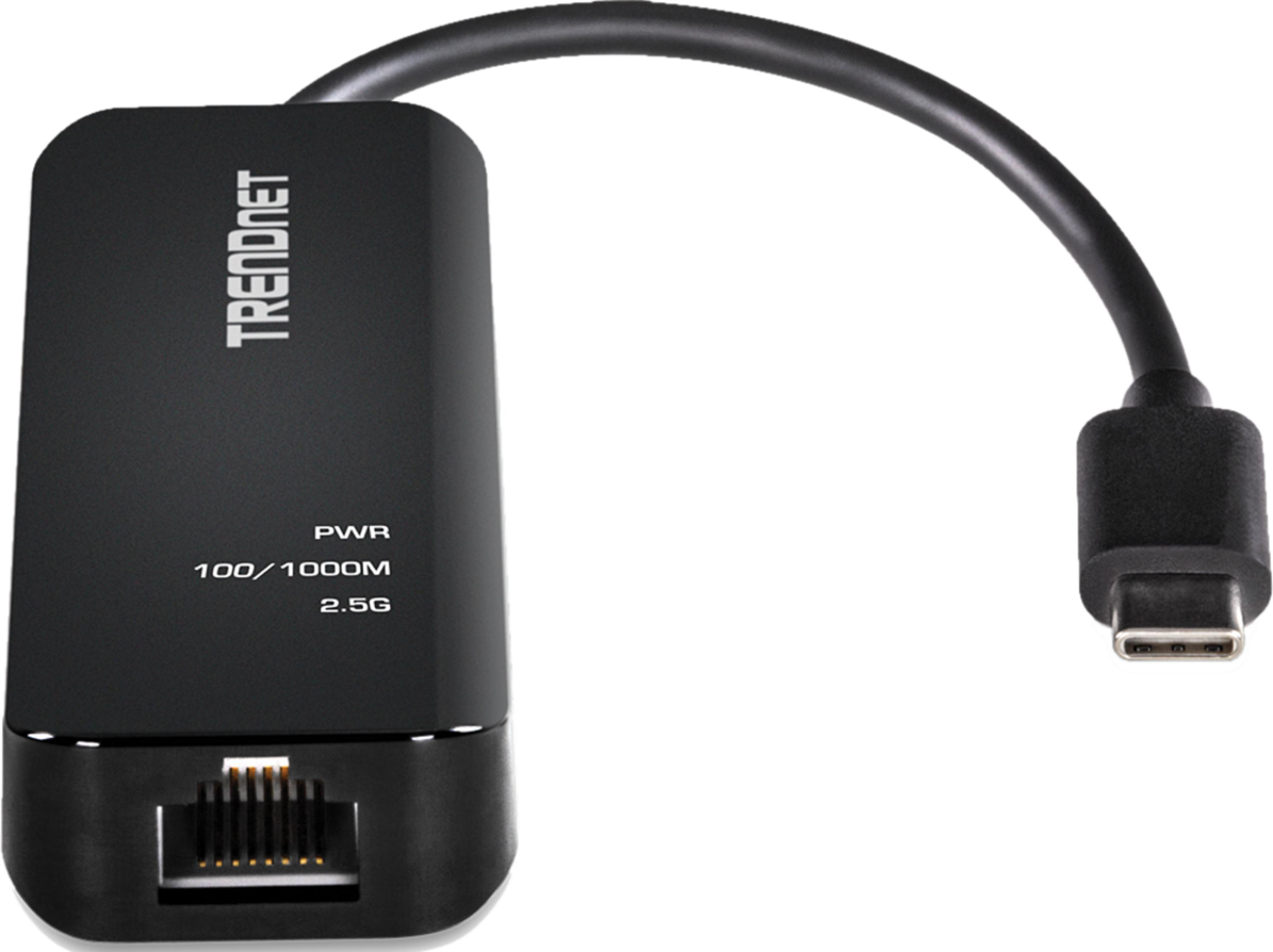 Schwarzer Trendnet USB-C zu 2.5G Ethernet Adapter mit RJ45 und USB-C Anschluss.