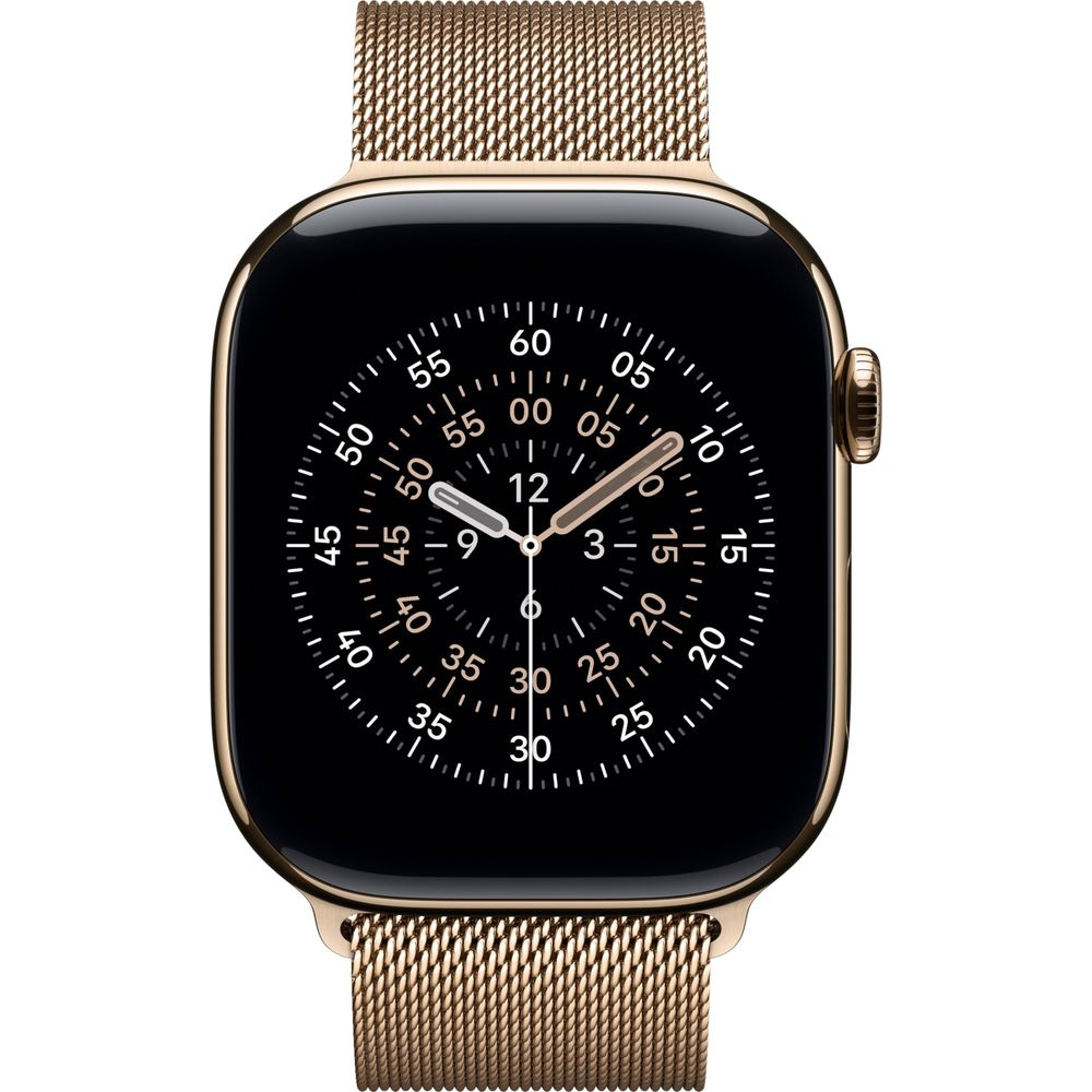 Złoty Apple Watch z czarnym ekranem pokazującym nowoczesną tarczę analogową.