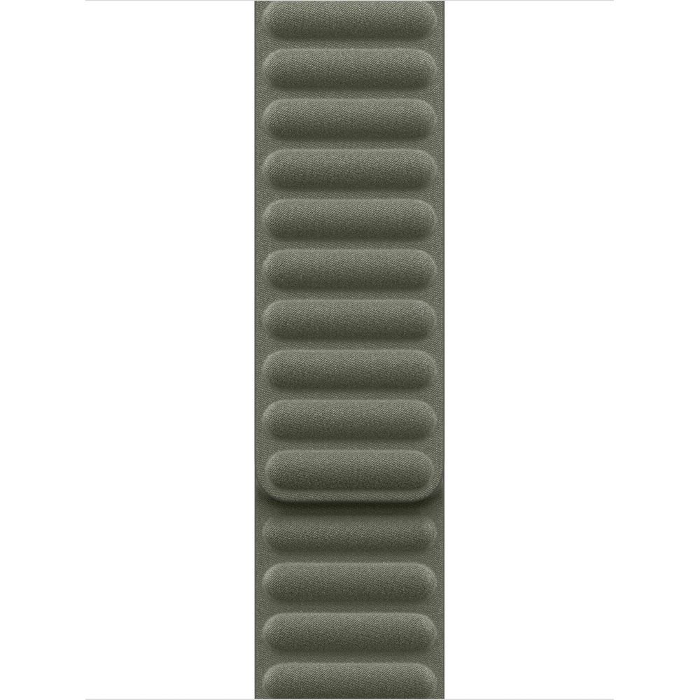 Un cinturino verde scuro con coste orizzontali e chiusura in velcro.