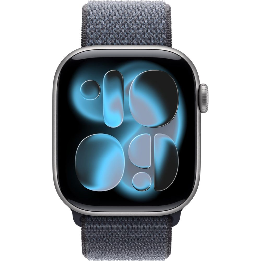 Smartwatch grigio con quadrante astratto blu e cinturino in tessuto.