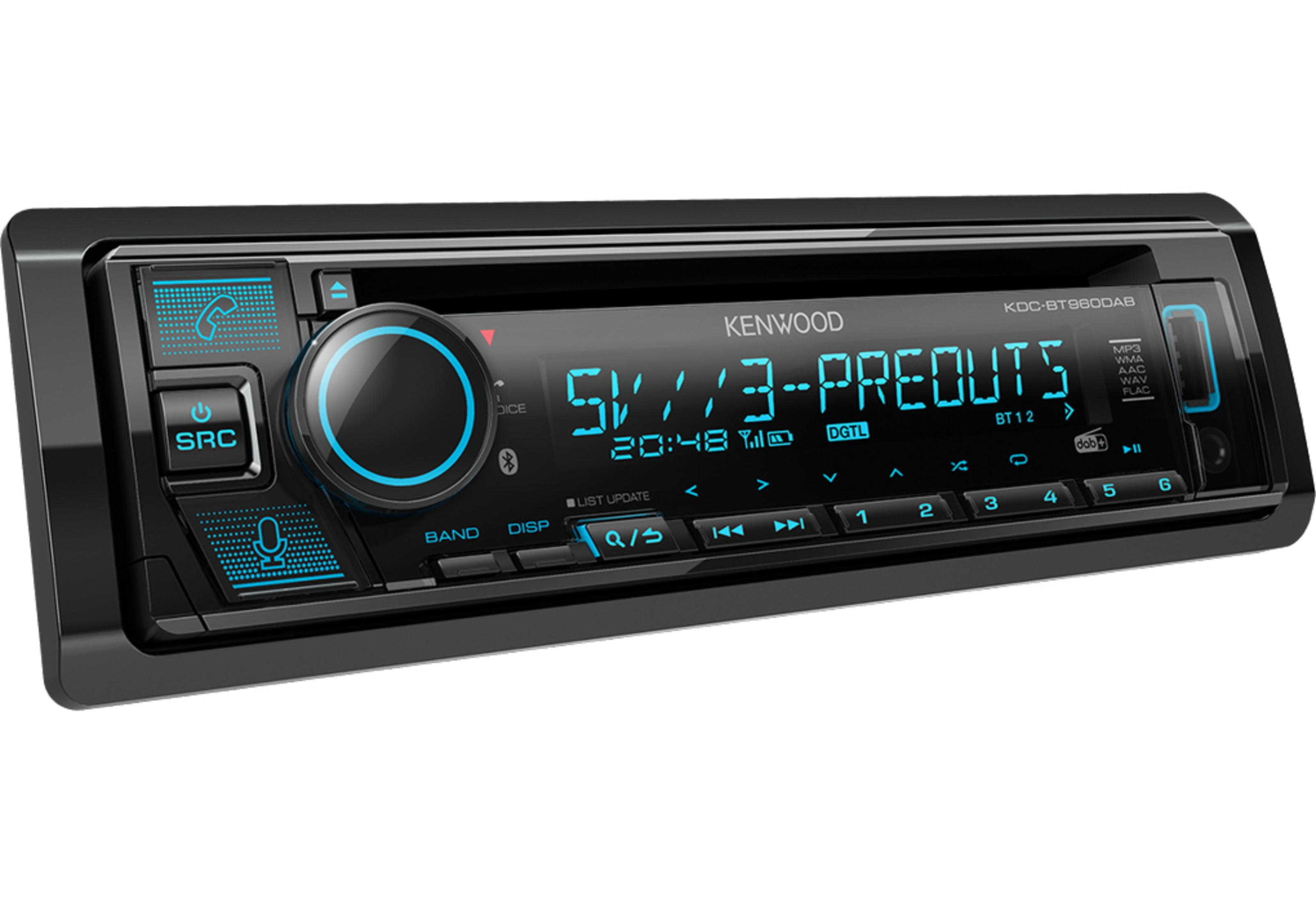 Ein schwarzes Kenwood Autoradio mit blau beleuchtetem Display und Tasten.