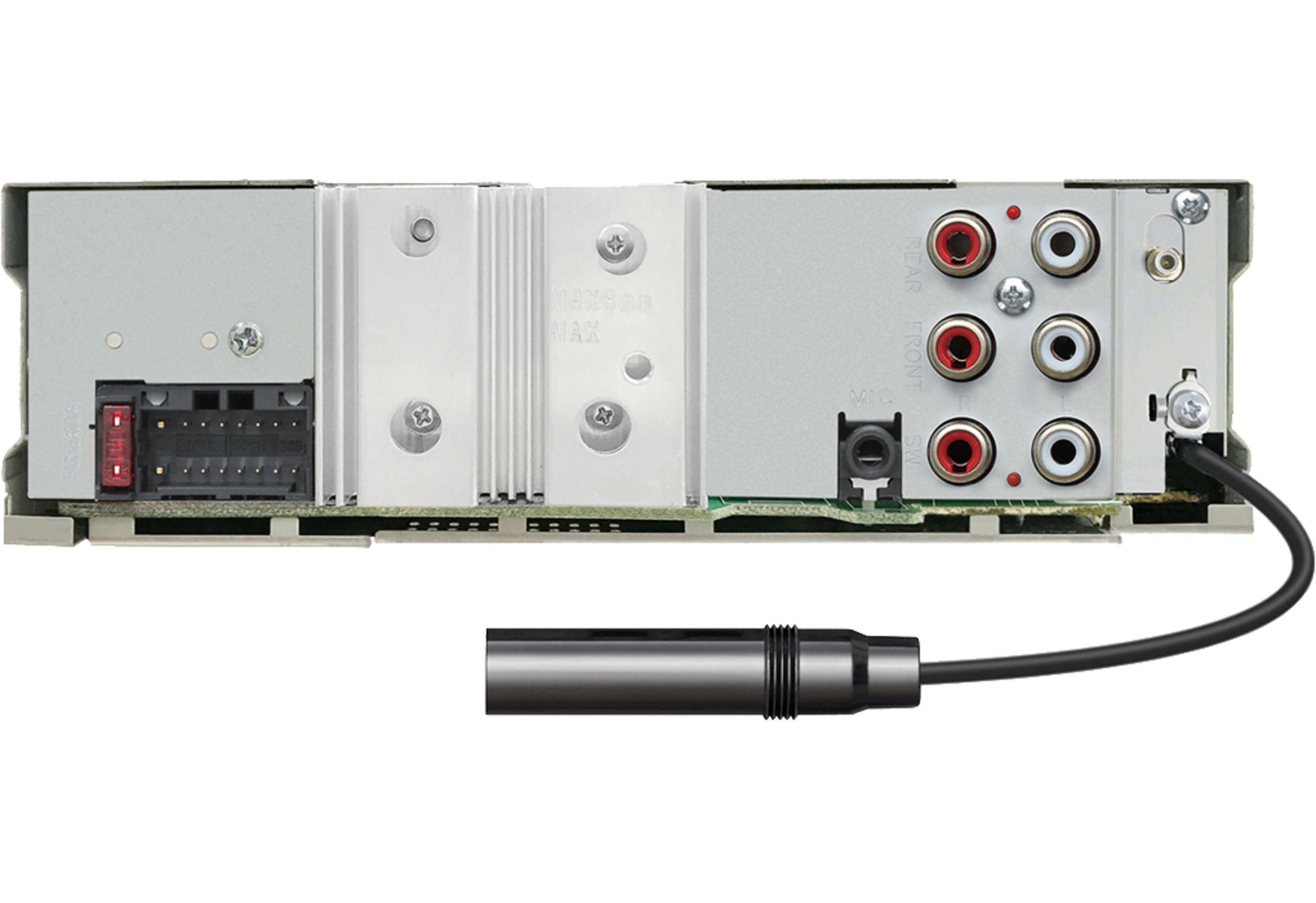 Rückseite eines Autoradios mit Anschlüssen: Strom, Audio-Cinch-Buchsen, Mikrofon und Antenne.