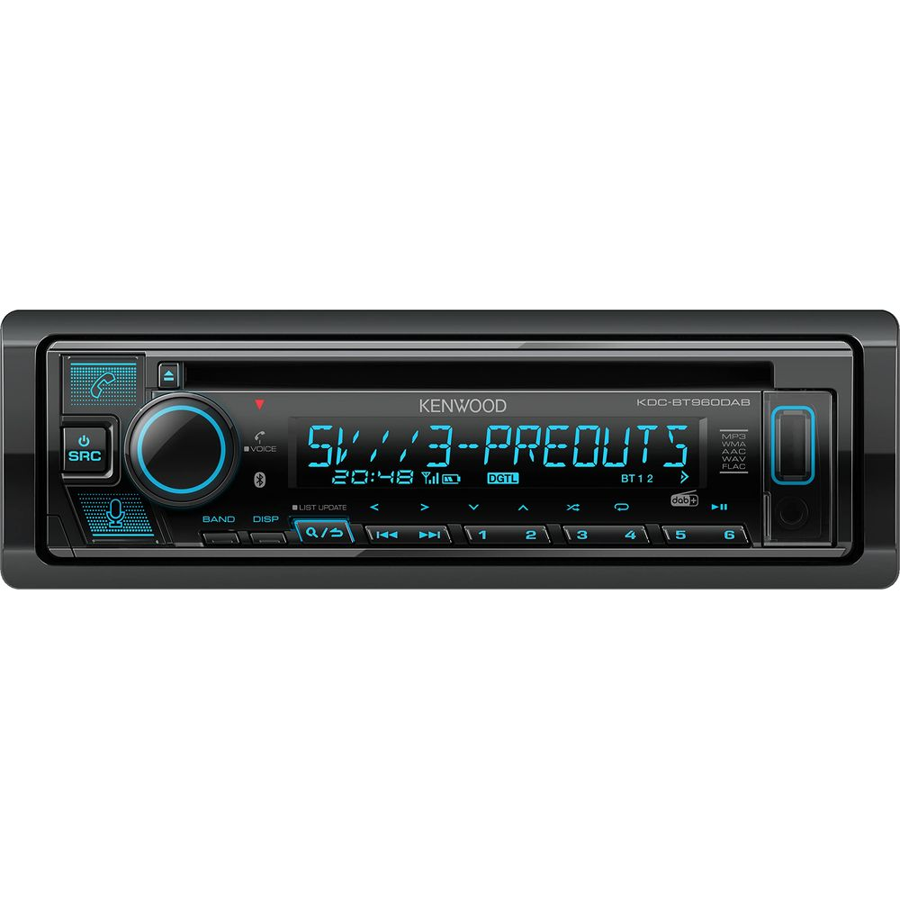 Ein Kenwood Autoradio mit blauem Display, Bedientasten und Lautstärkeregler.