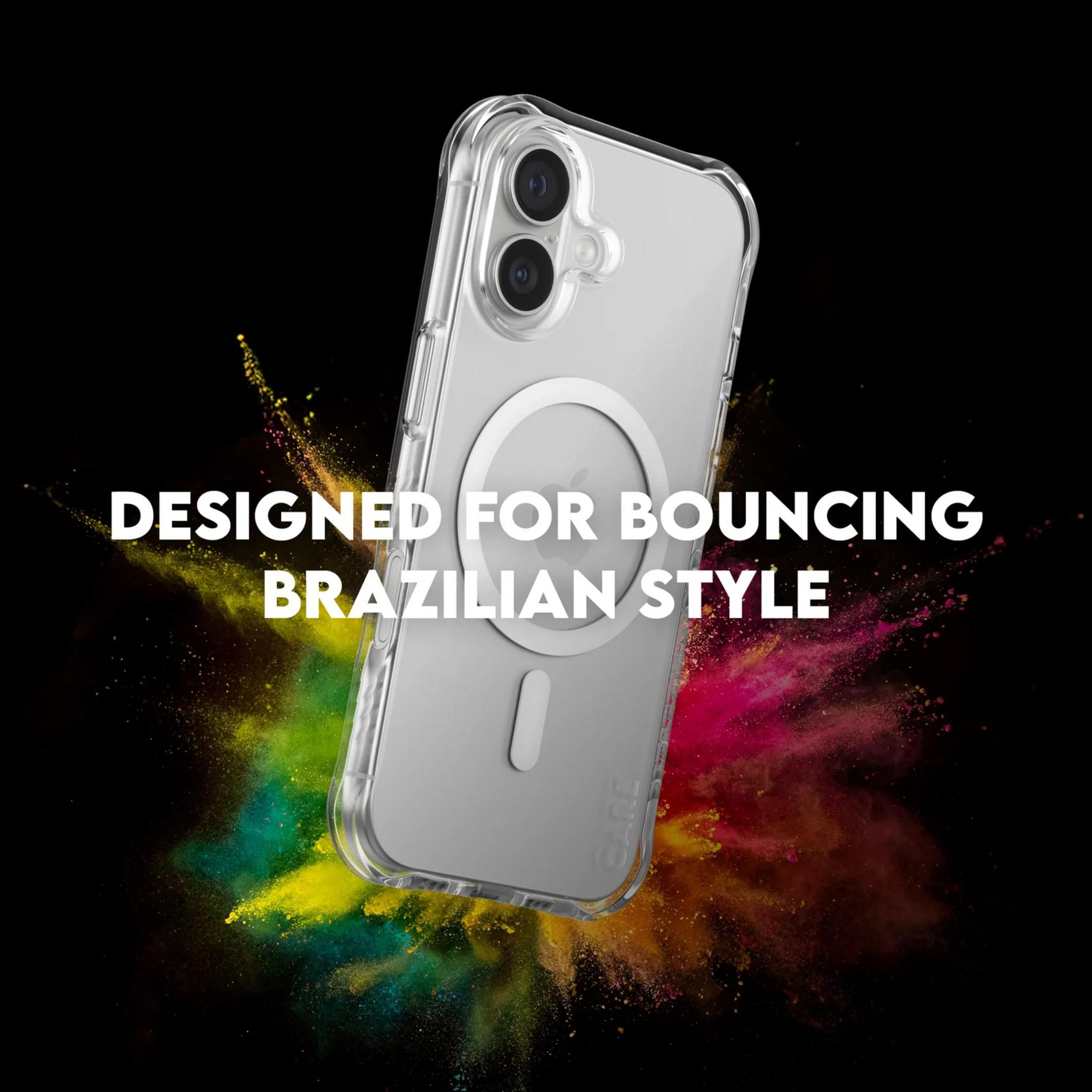 Une coque de téléphone transparente sur fond noir avec des explosions de poudre colorée.