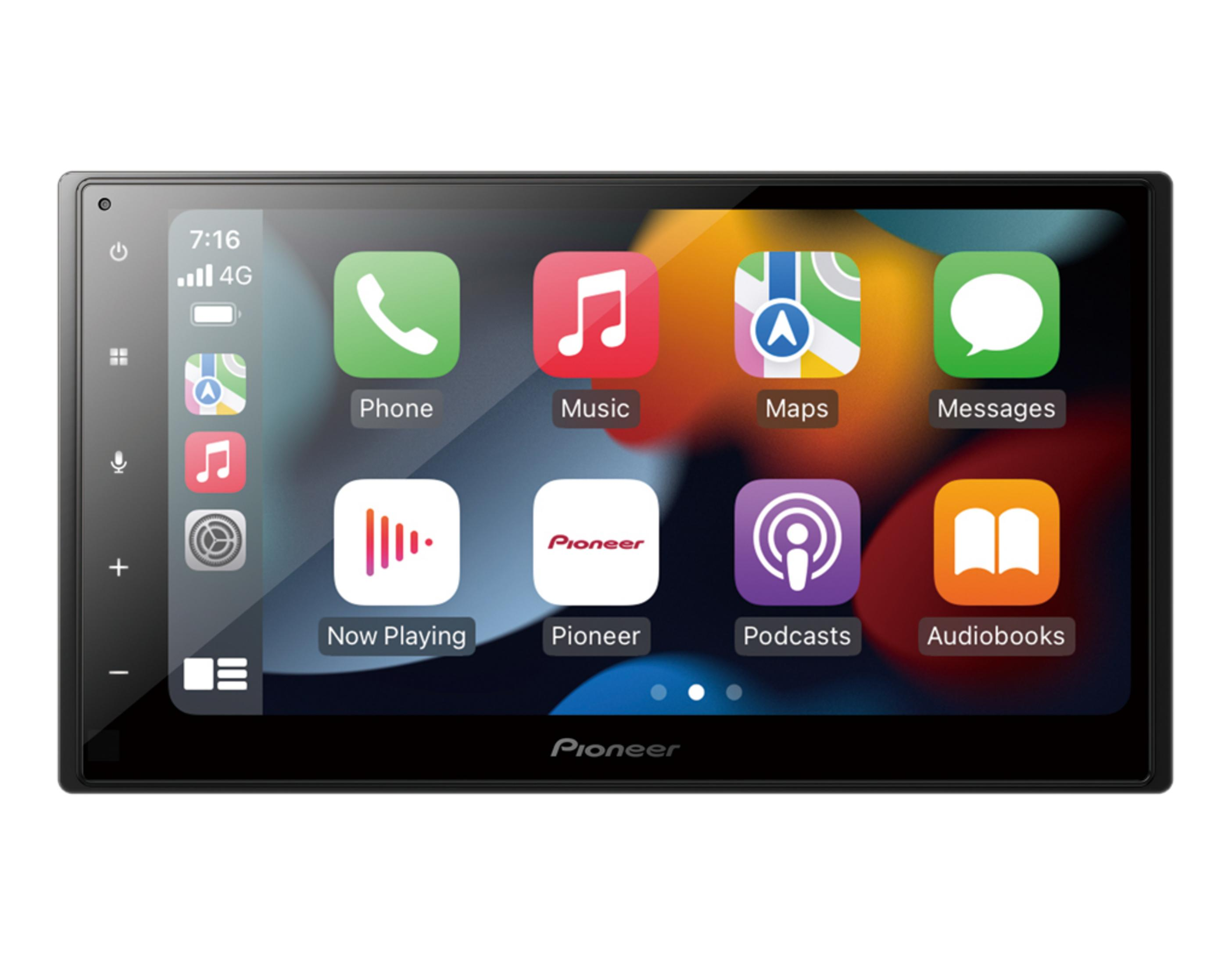 Schermo autoradio con icone app: Telefono, Musica, Mappe, Messaggi, Podcast, Audiolibri.
