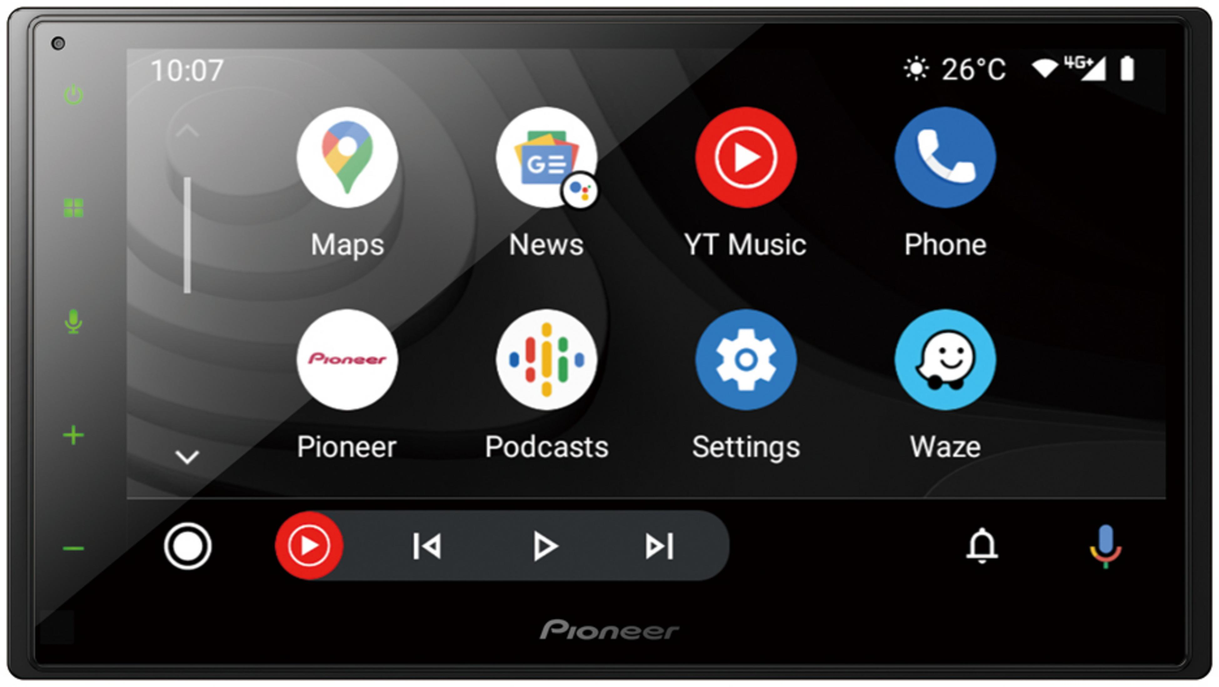 Schermo infotainment auto con icone app: Mappe, Notizie, Musica, Telefono, Podcast, Impostazioni, Waze.