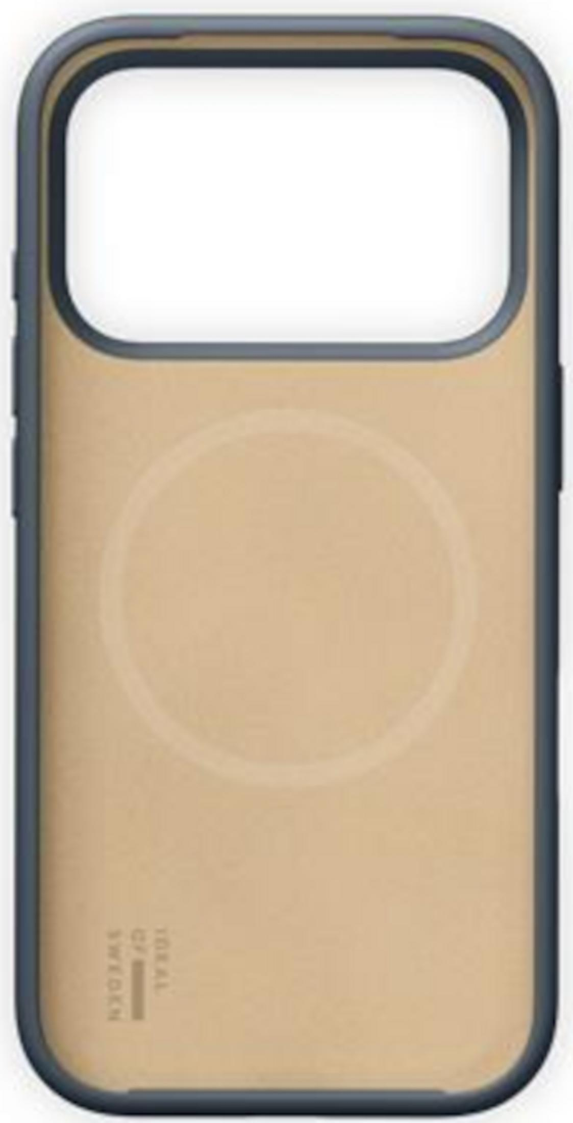 Eine beige Handyhülle mit dunklem Rand und Kreisprägung auf der Rückseite.