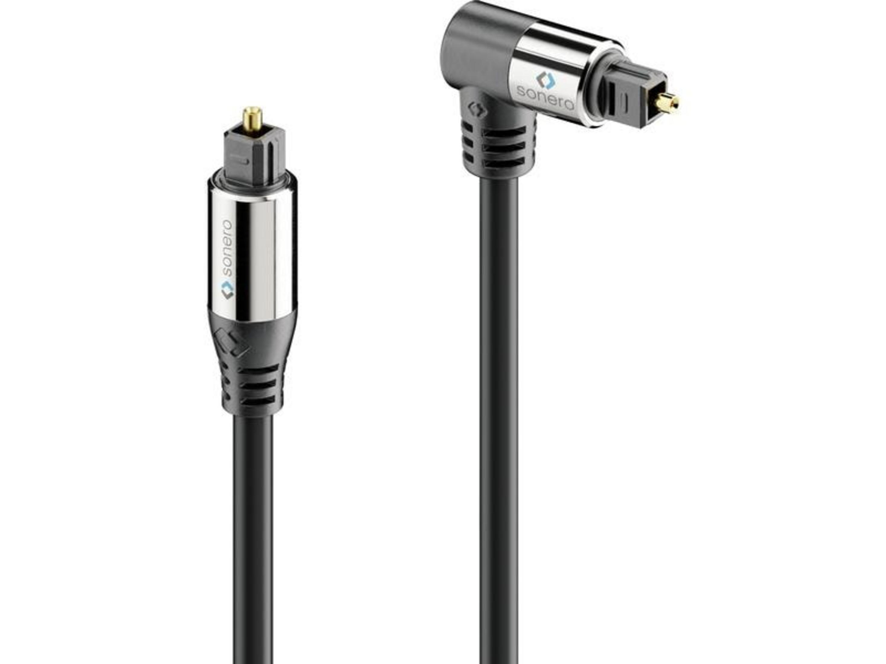 Zwei digitale optische Audiokabel mit Toslink-Anschlüssen, eines gerade, eines gewinkelt.