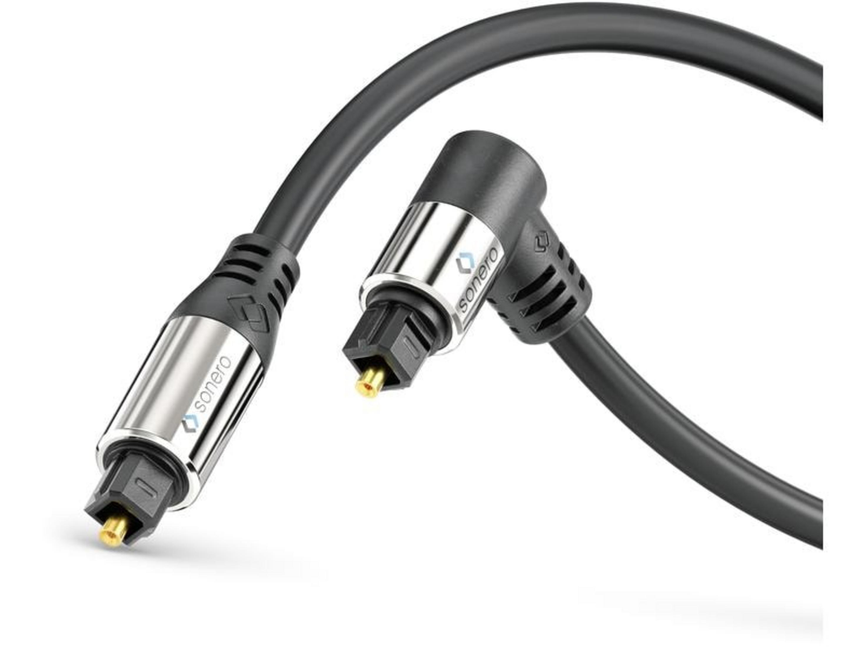 Ein schwarzes optisches Audiokabel mit silbernen Anschlüssen und einem Winkelstecker.