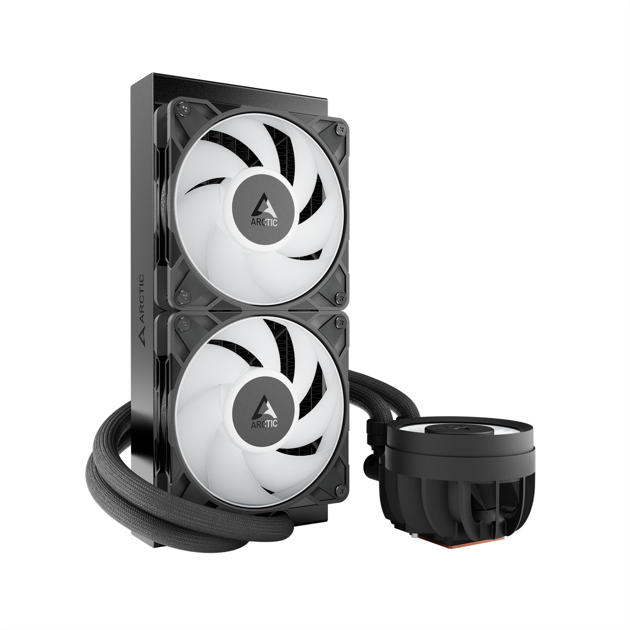 A black CPU cooler with two white fans and black hoses.
