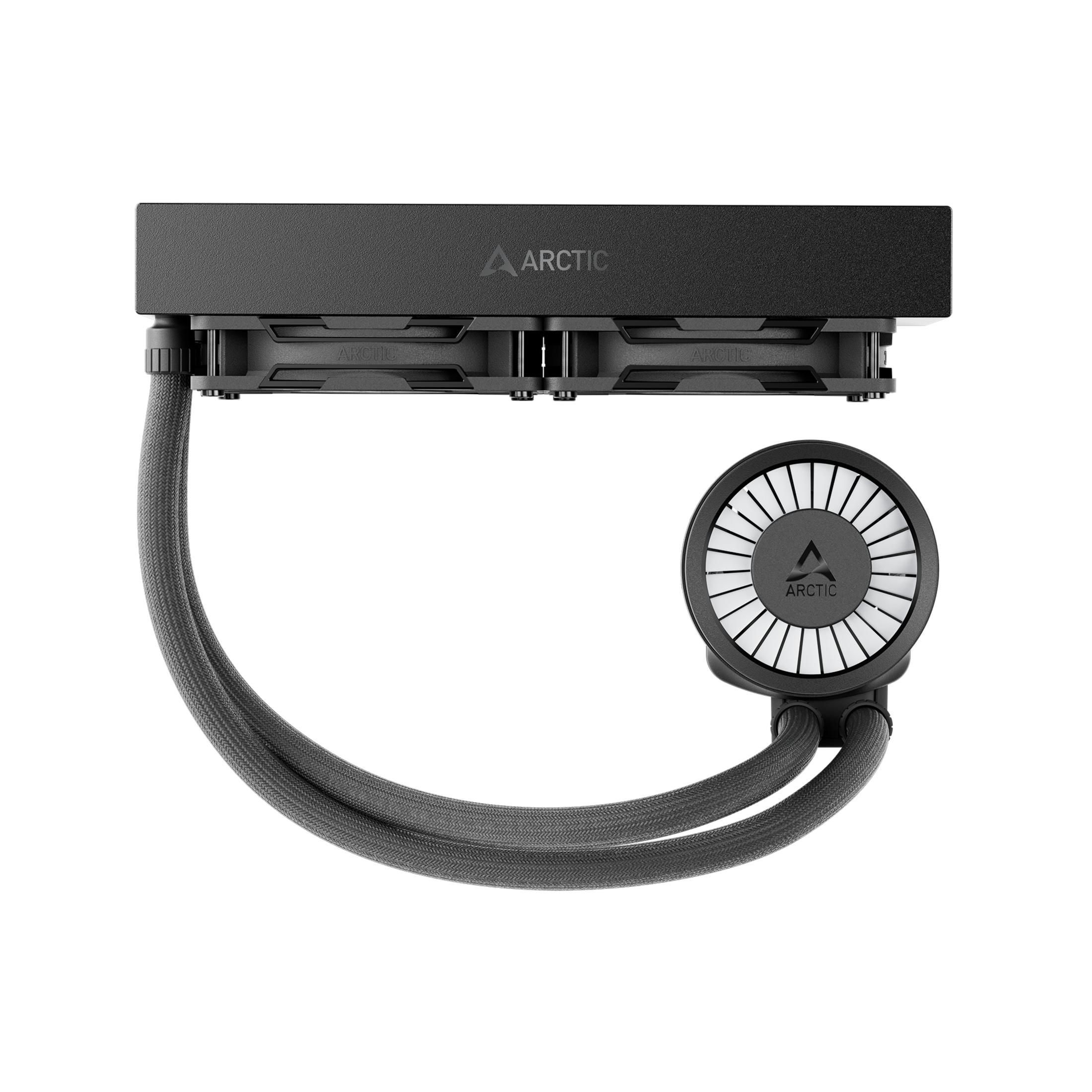 Black CPU cooler with fans and tubes on a white background.