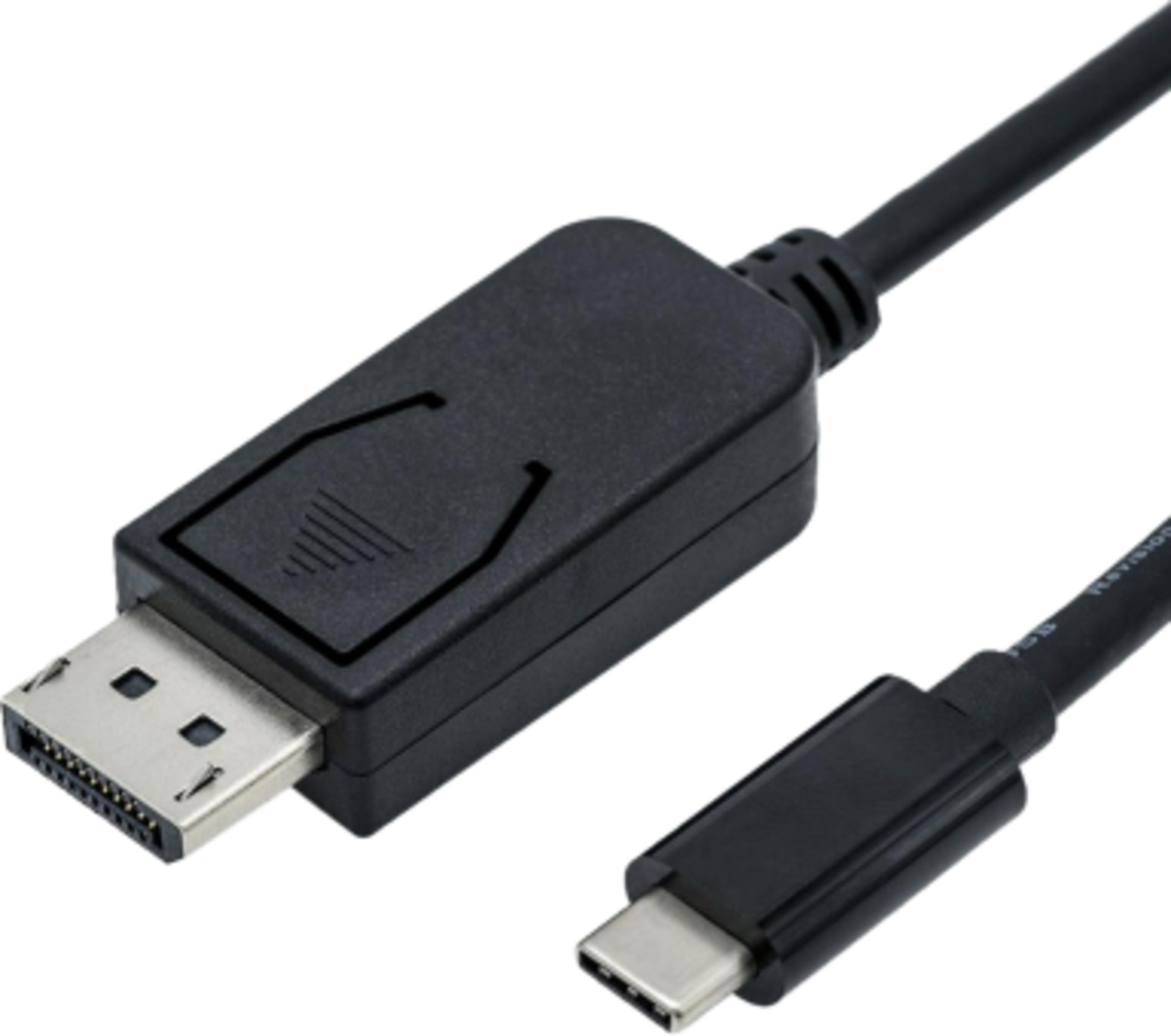 Un câble DisplayPort vers USB-C noir avec connecteurs métalliques.