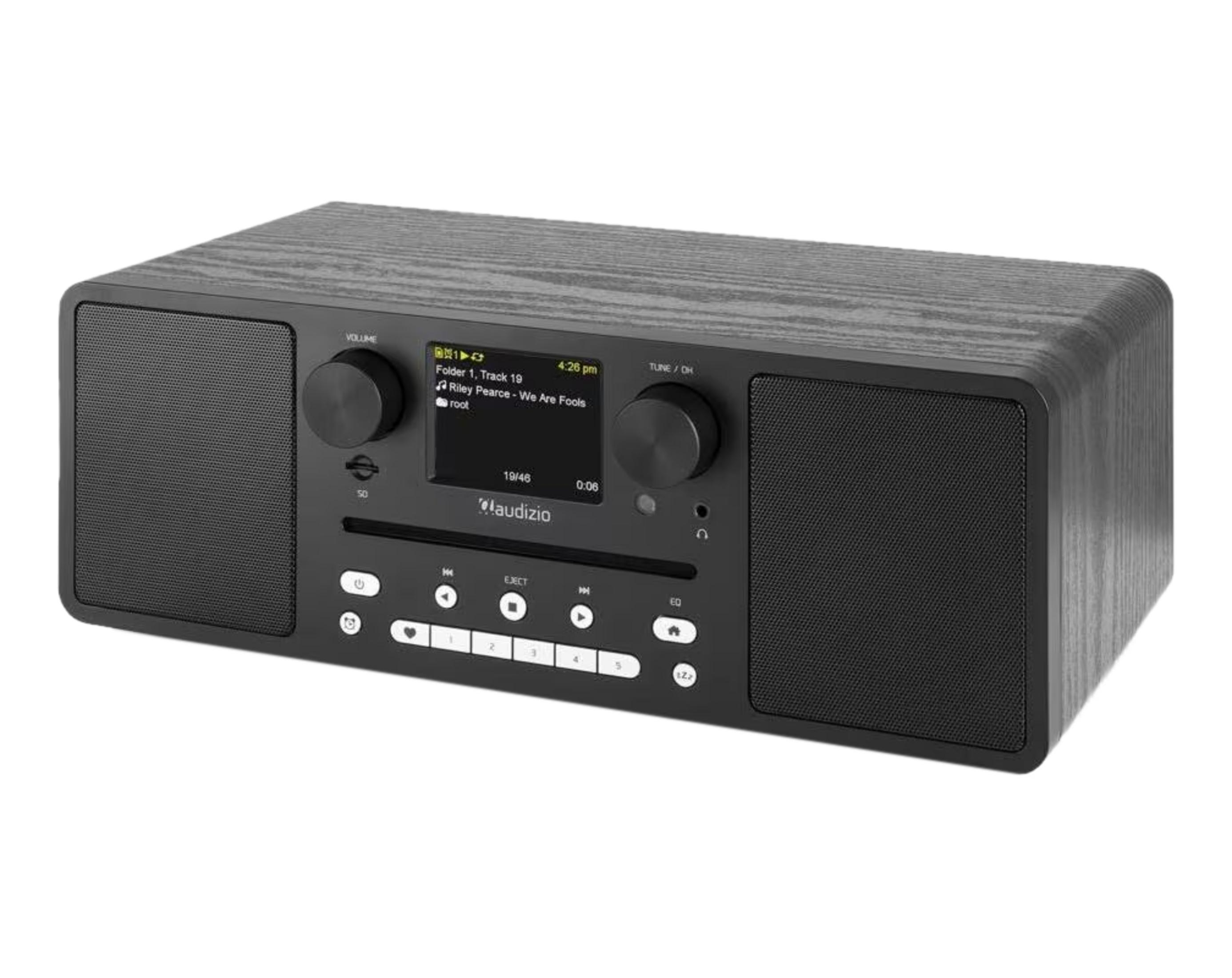 Ein Holzmaserung-Radio mit Lautsprechern, Bildschirm und Knöpfen.