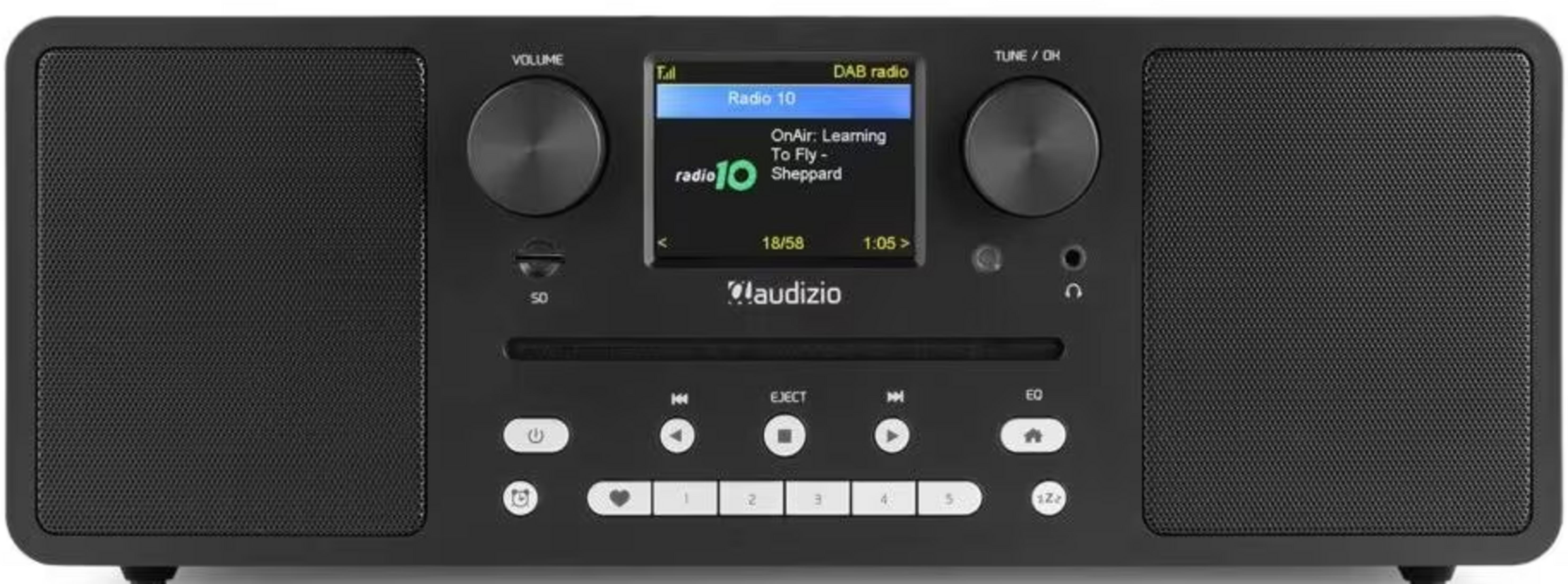 Ein schwarzes Audizio DAB-Radio mit Lautsprechern, Bildschirm und Tasten.