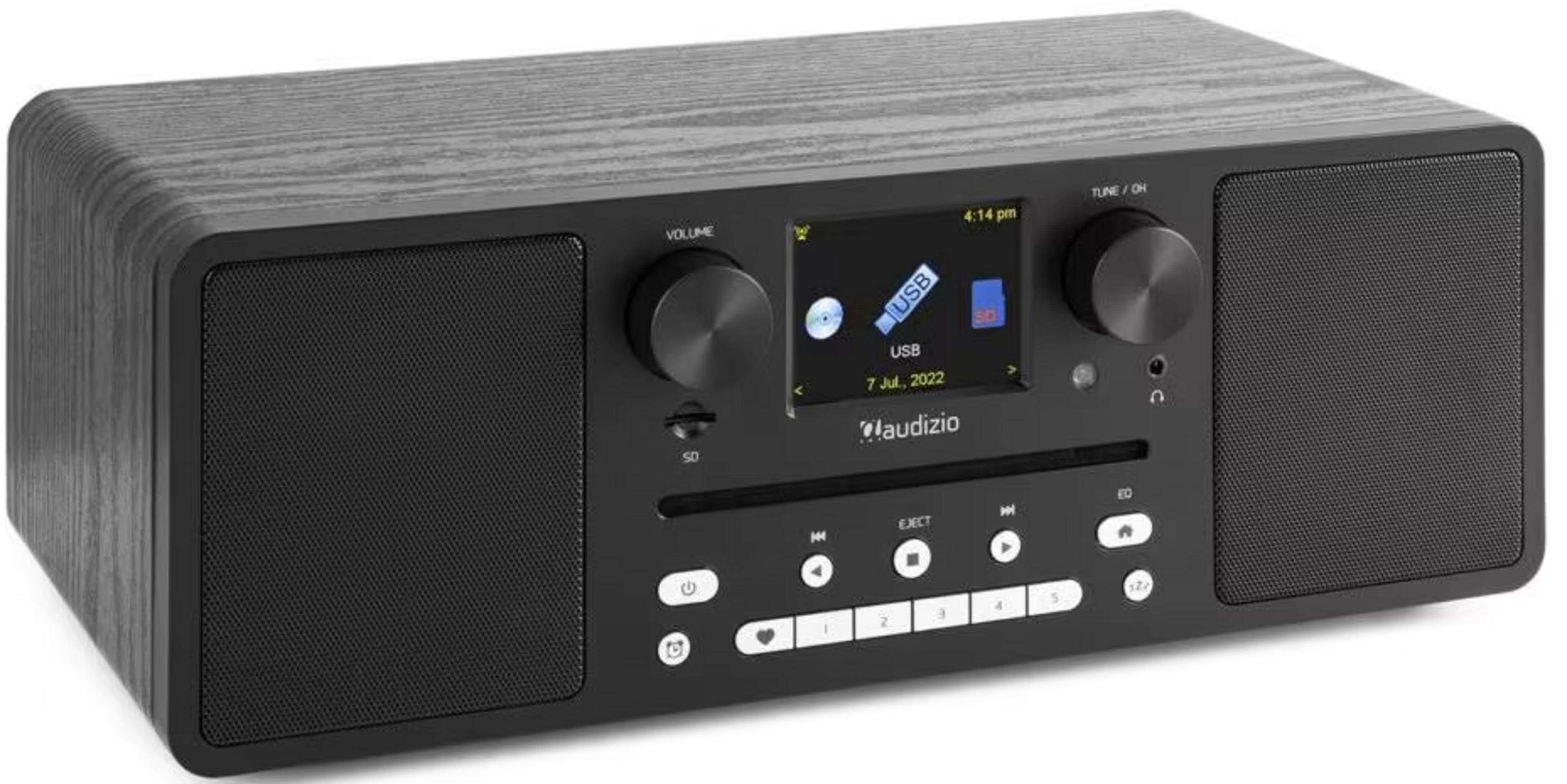 Ein schwarzes Audizio Radio mit Holzmaserung, Display, Knöpfen und Lautsprechern.