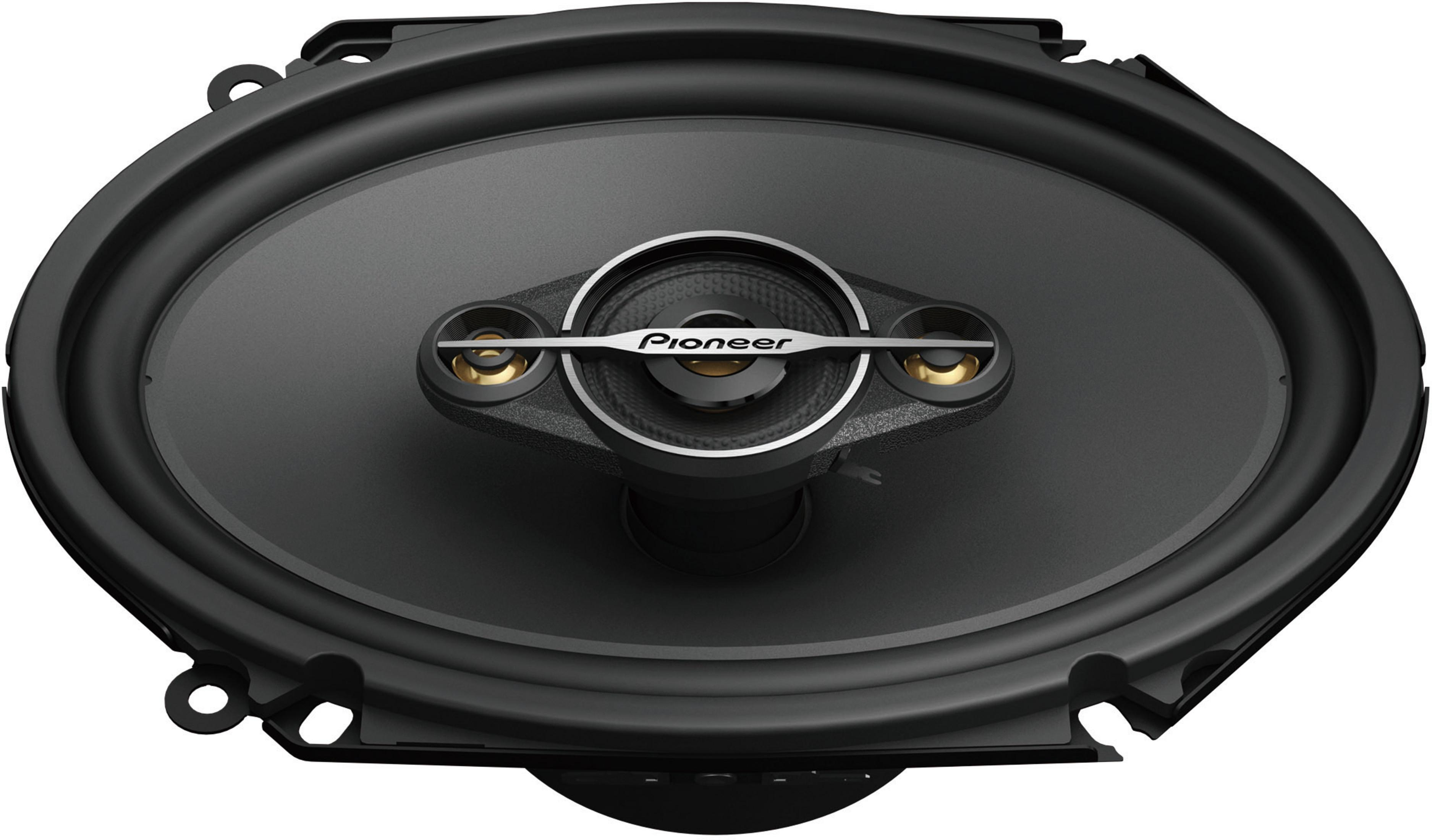 Haut-parleur de voiture ovale noir avec logo Pioneer argenté au centre.