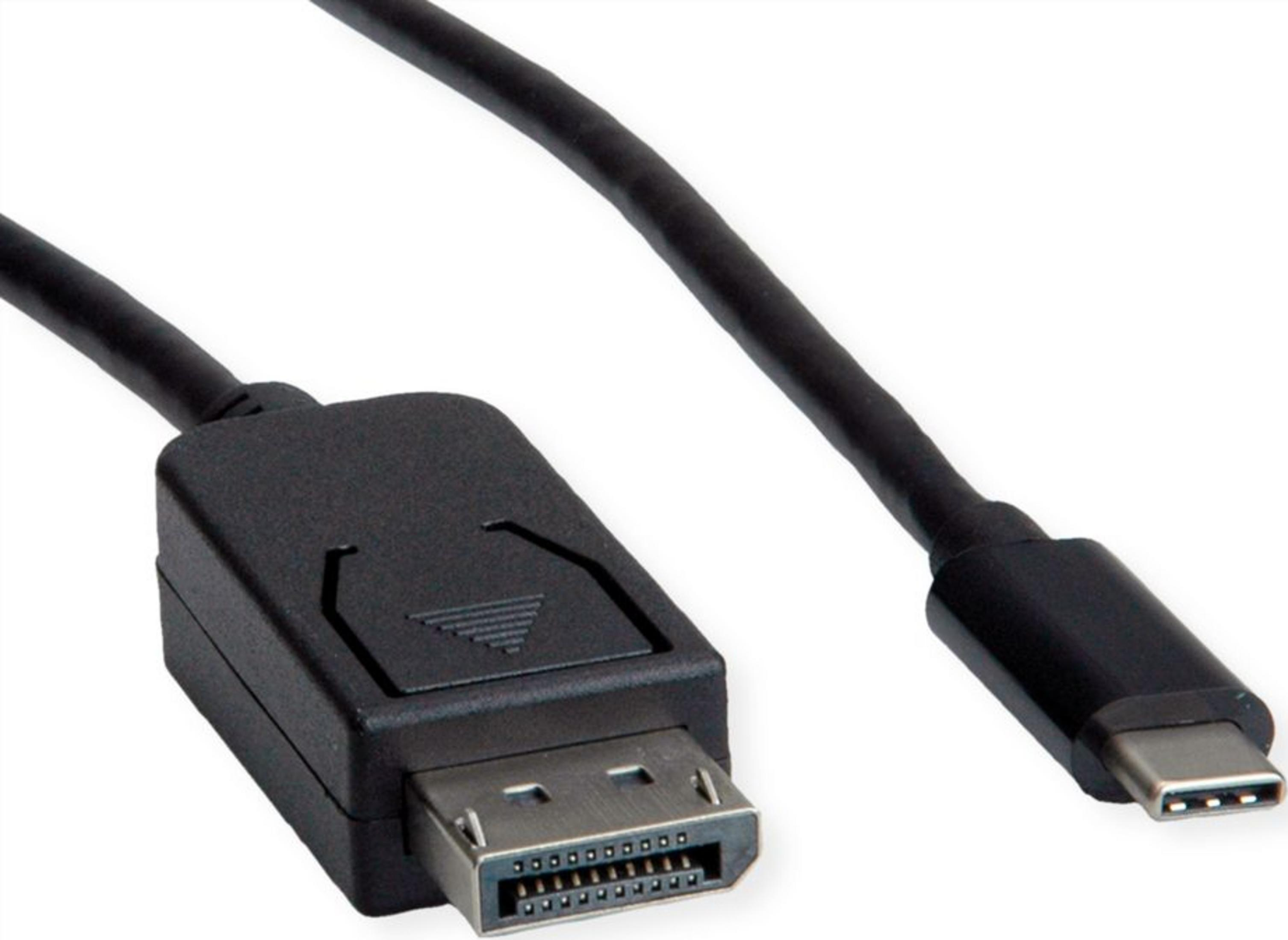 Câble noir avec connecteur DisplayPort et USB-C sur fond blanc.