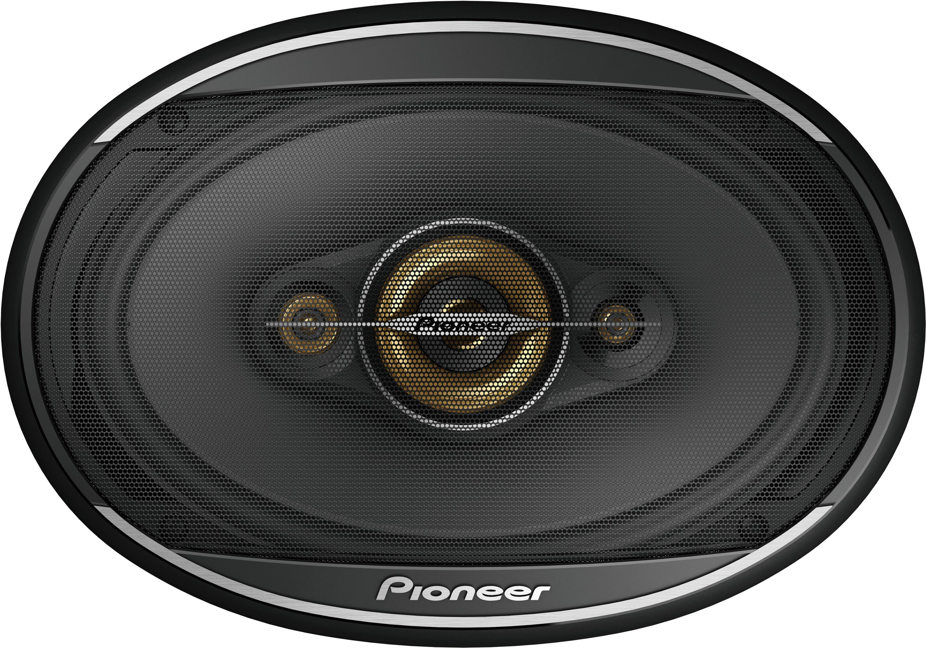 Schwarzer ovaler Lautsprecher mit goldener Mitte und Pioneer-Logo.