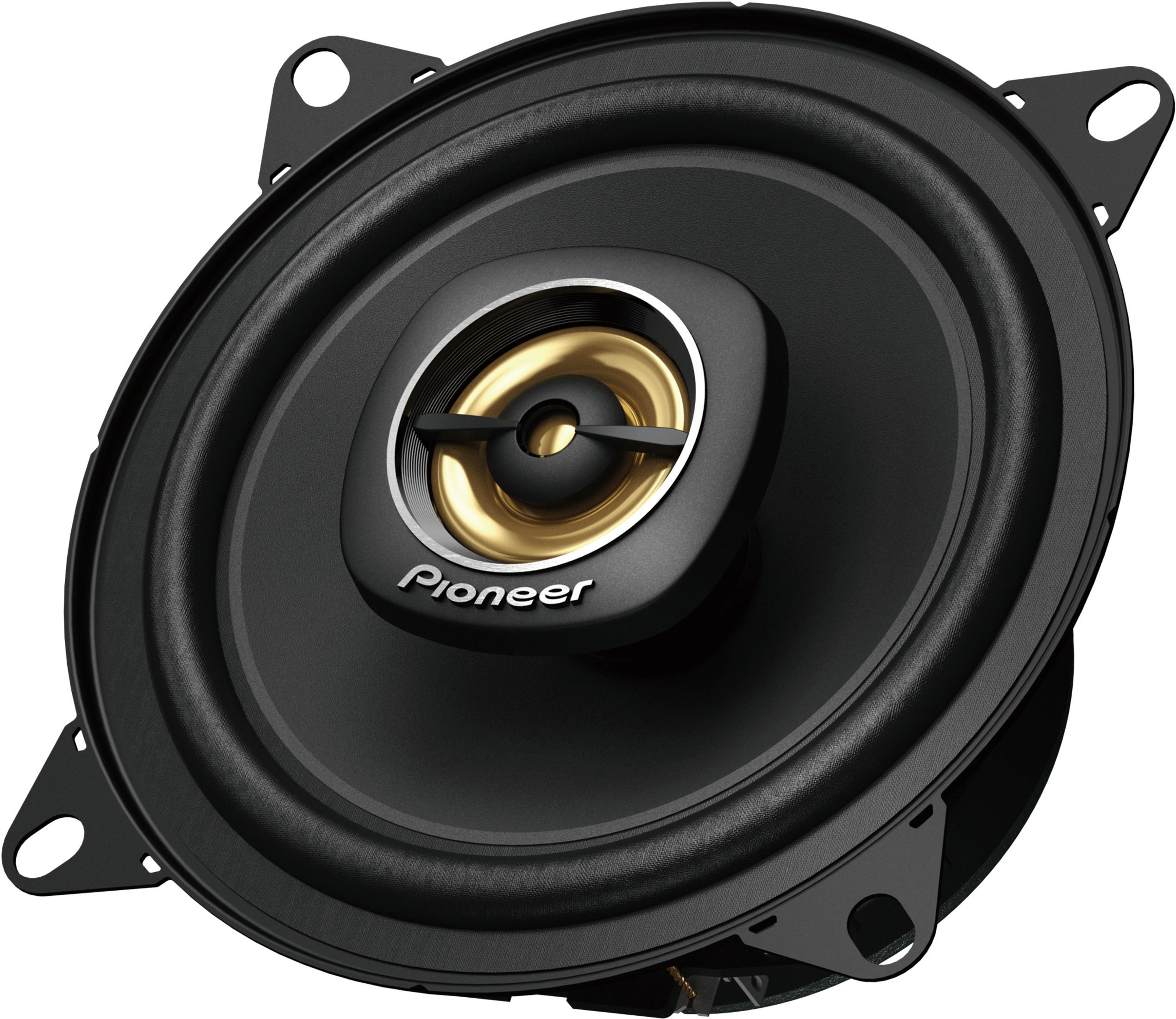 Haut-parleur Pioneer noir avec tweeter doré et anneau argenté.
