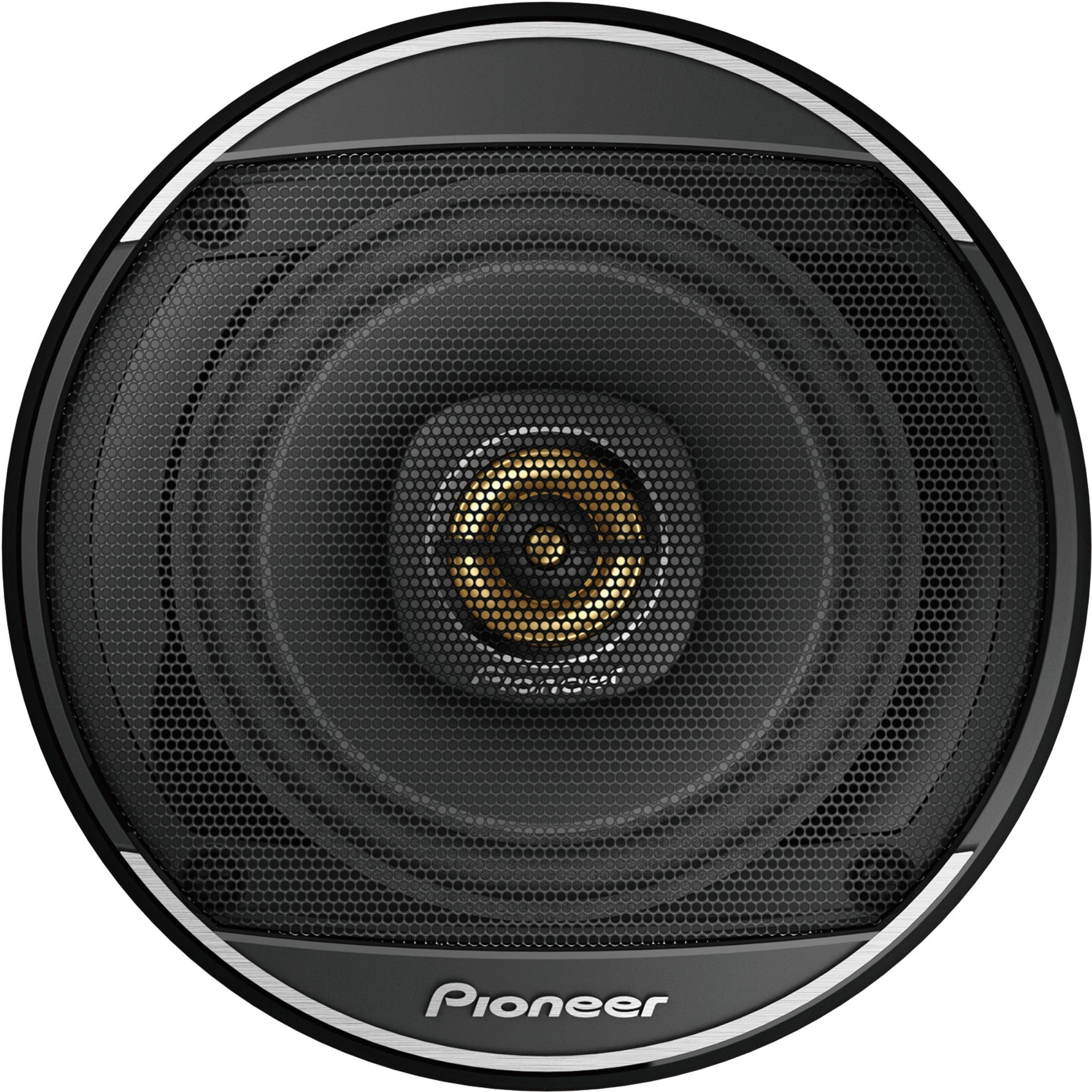 Haut-parleur Pioneer noir avec bordure argentée et tweeter doré au centre.