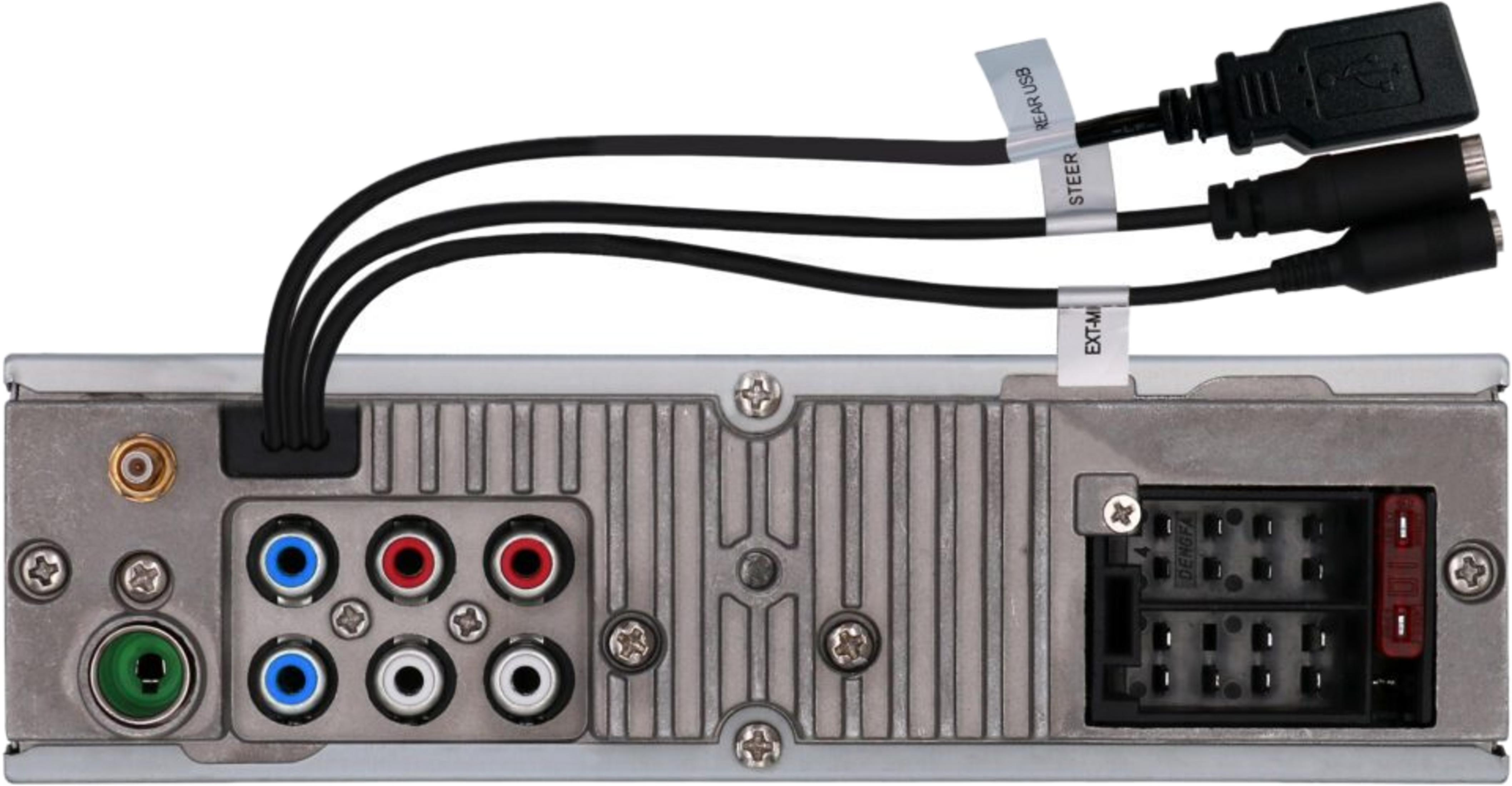 Arrière d'autoradio avec ports : USB, commande, micro ext, RCA et fusible.