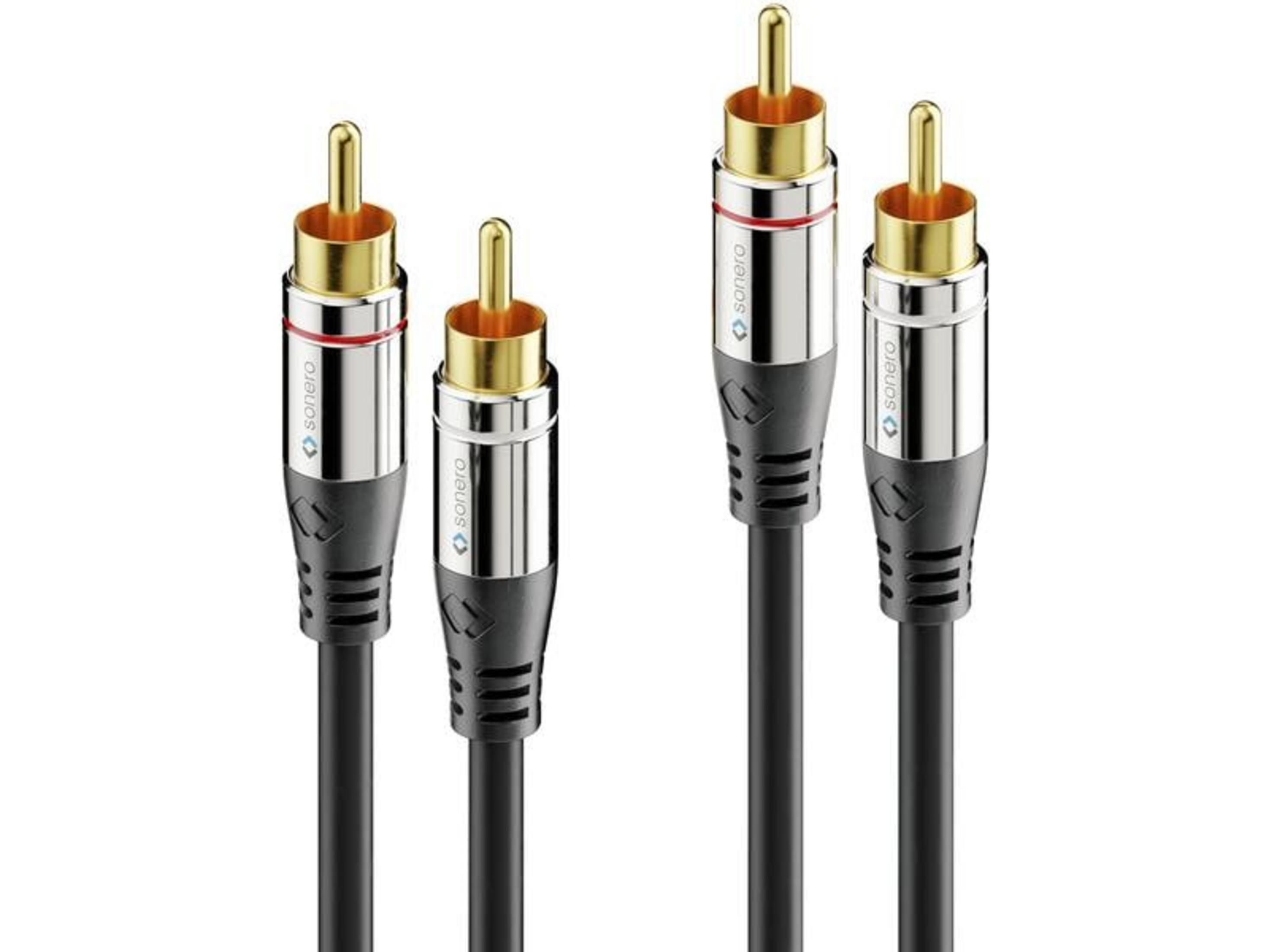 Vier RCA-Audiokabel mit vergoldeten Steckern und schwarzen Griffen.