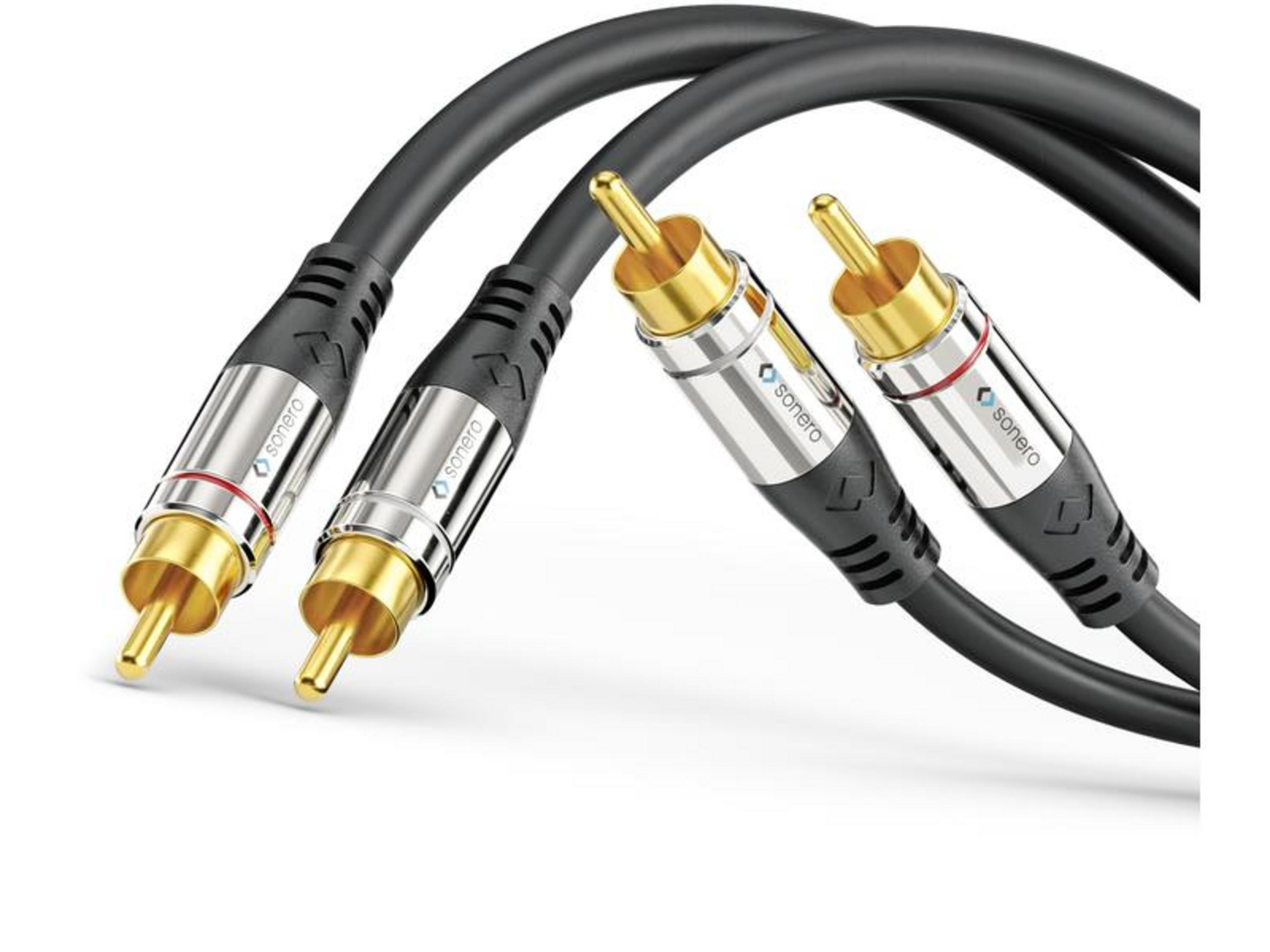 Zwei schwarze Audiokabel mit goldenen Anschlüssen und silbernen Ringen.