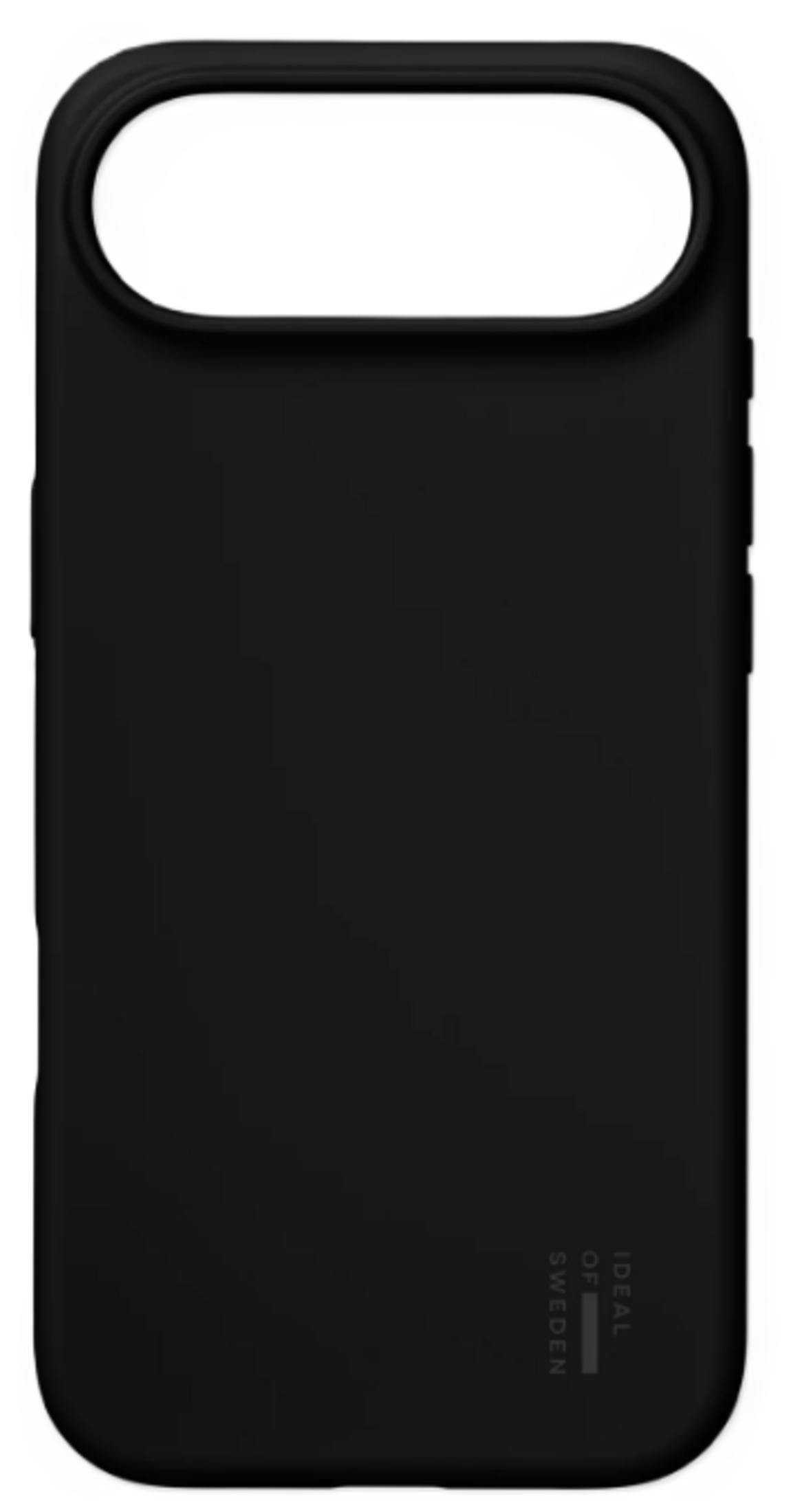 Schwarze Handyhülle mit Kameraaussparung und Logo.