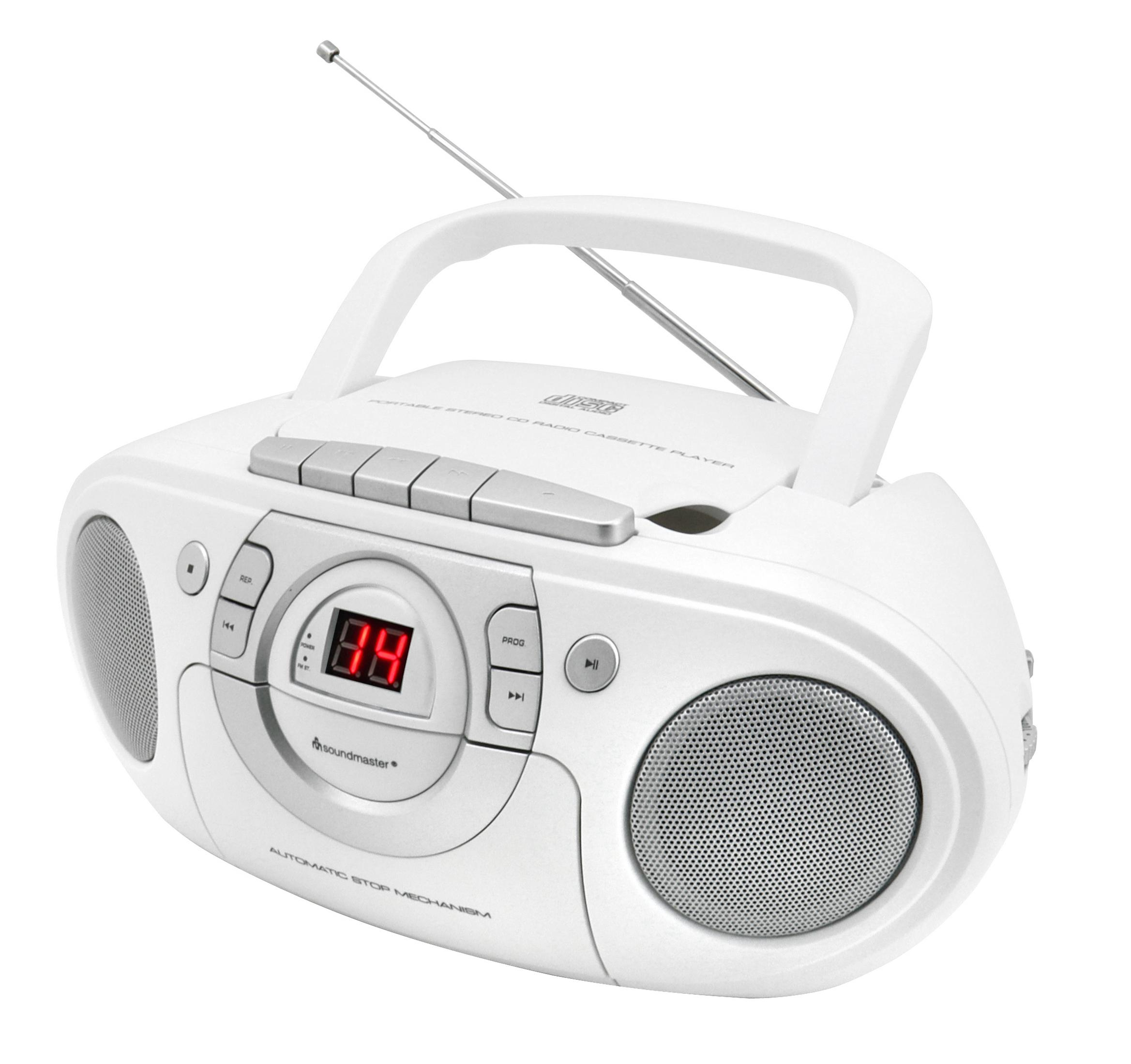 Un lecteur CD portable blanc avec platine cassette, radio et antenne.
