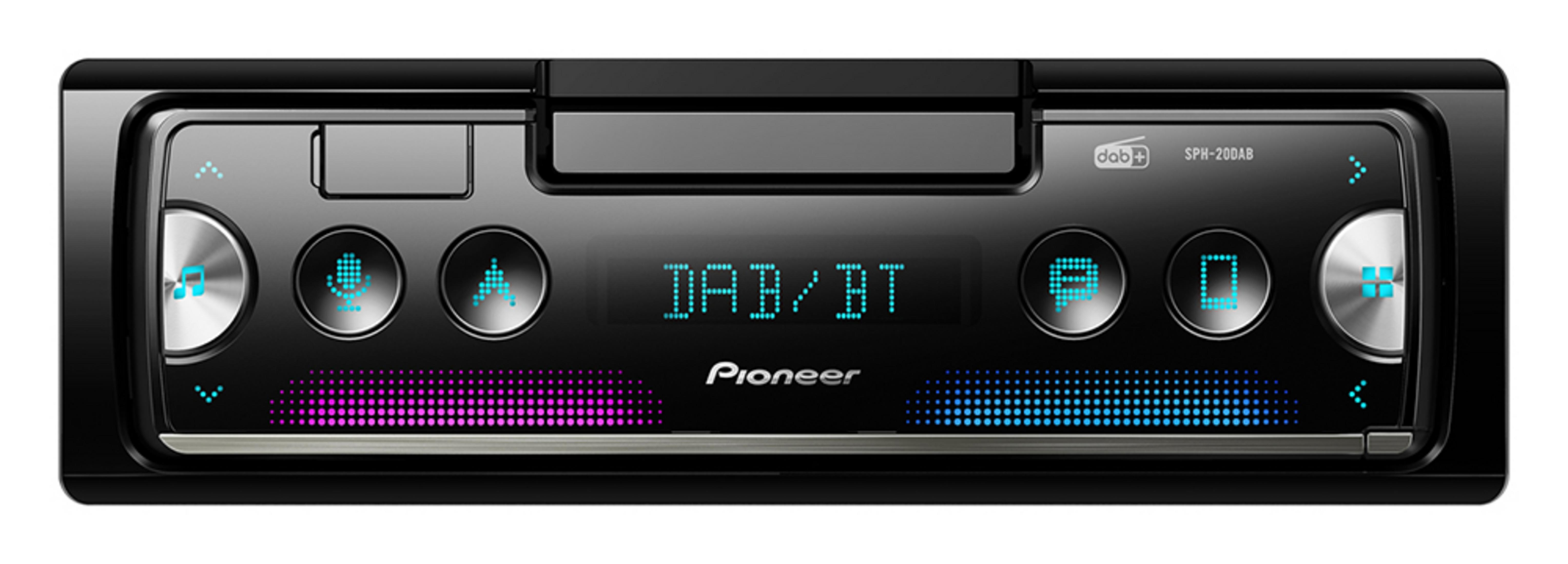 Ein schwarzer Pioneer DAB/BT Autoradio mit beleuchteten Tasten und Display.