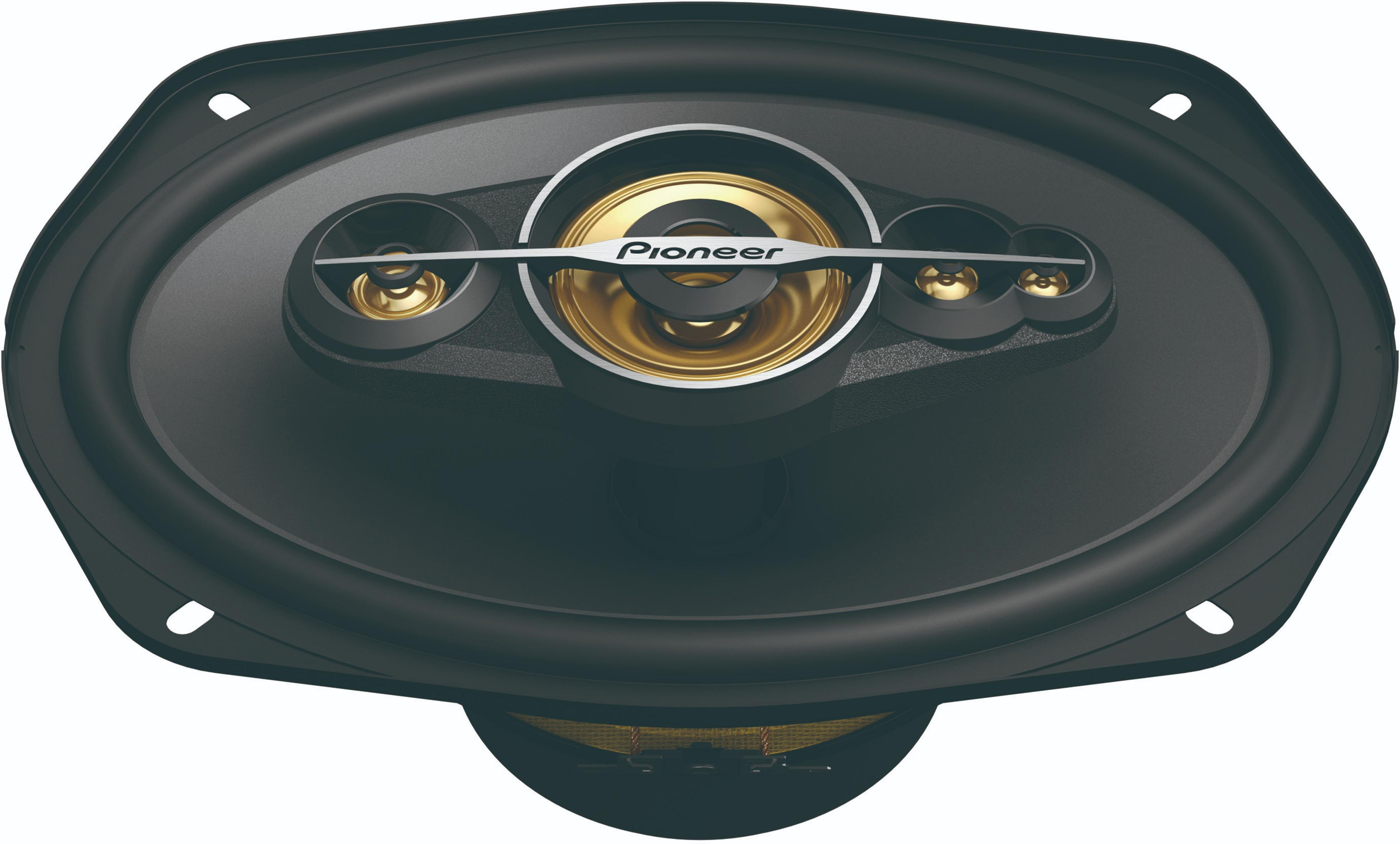 Haut-parleur ovale Pioneer avec accents dorés et cadre noir.