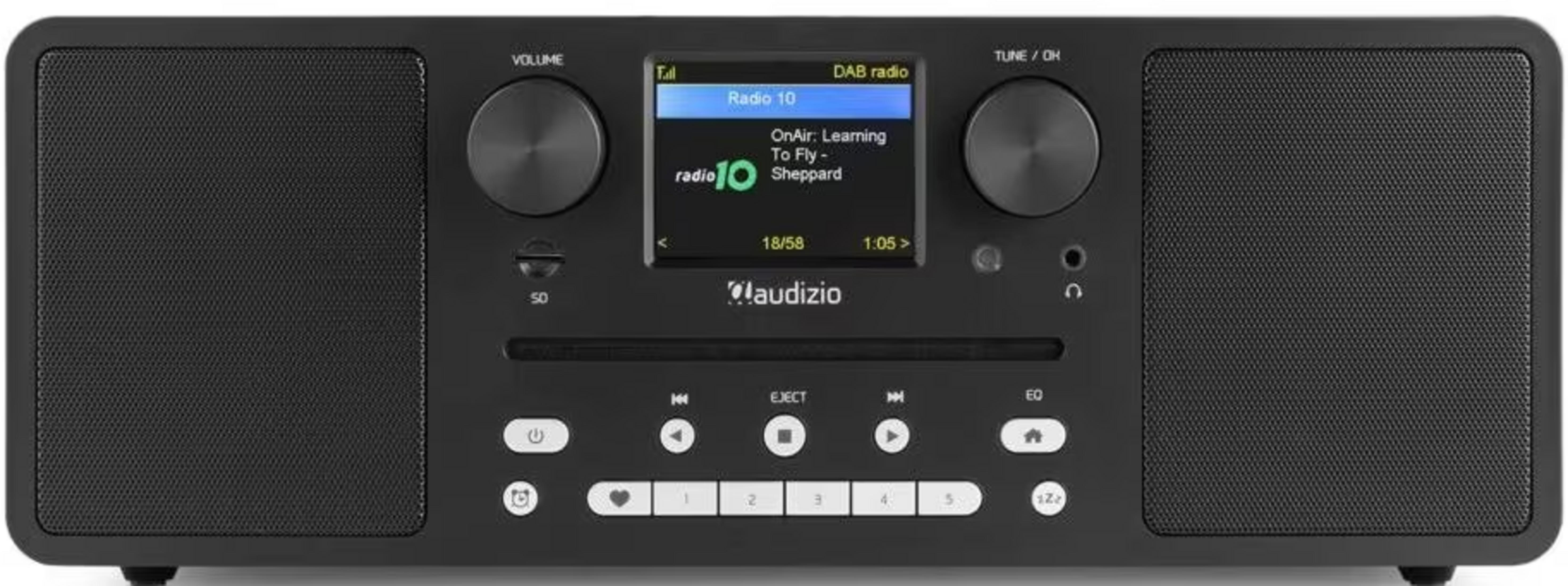 Un récepteur radio DAB noir avec haut-parleurs, écran et boutons.