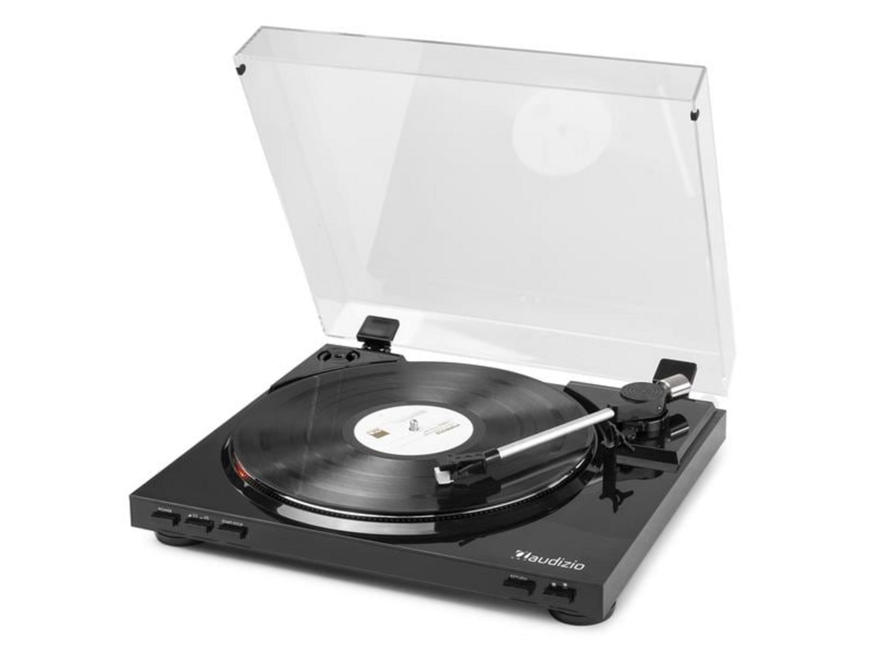 Tocadiscos negro con disco de vinilo en el plato y brazo de lectura.