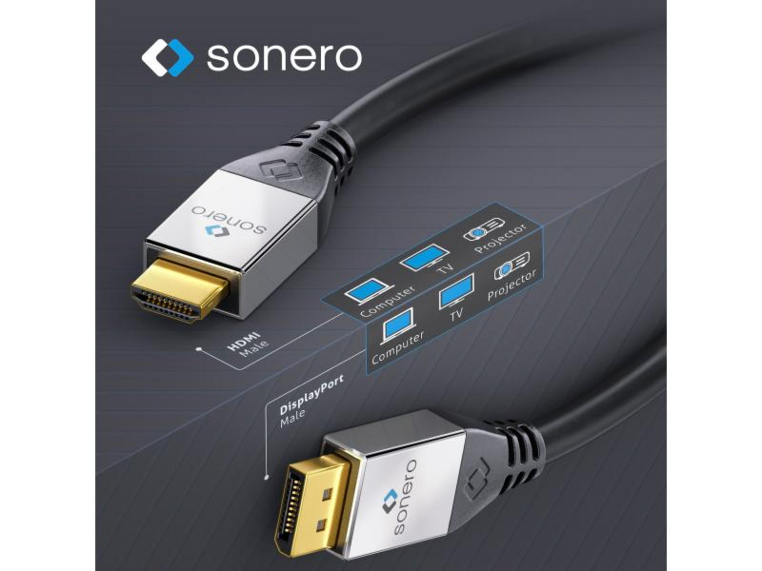 Sonero HDMI und DisplayPort Kabel mit goldenen Steckern, die auf Geräten wie Computern, TVs und Projektoren gezeigt werden.
