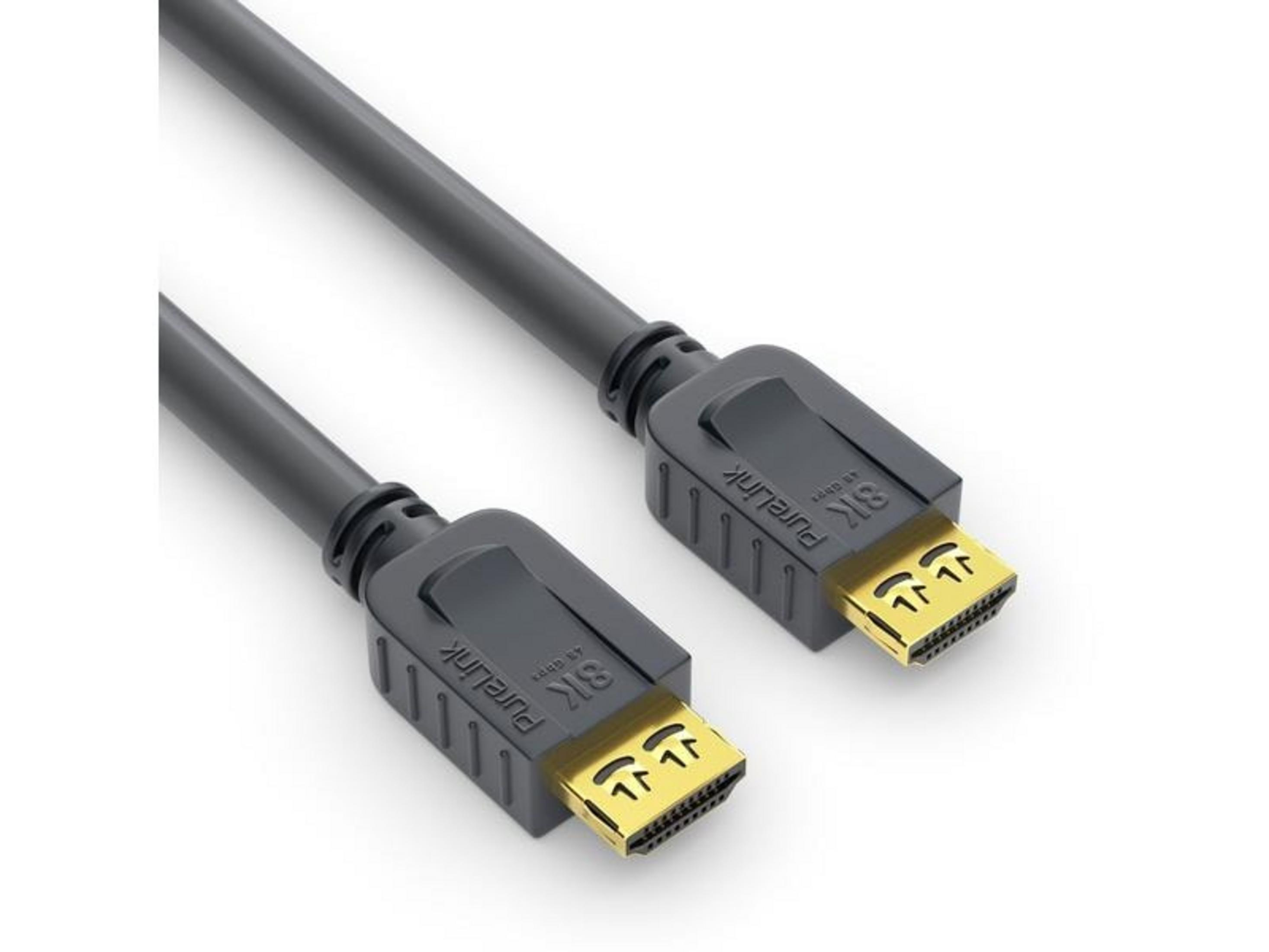 Ein schwarzes HDMI-Kabel mit goldenen Anschlüssen, markiert mit 8K.
