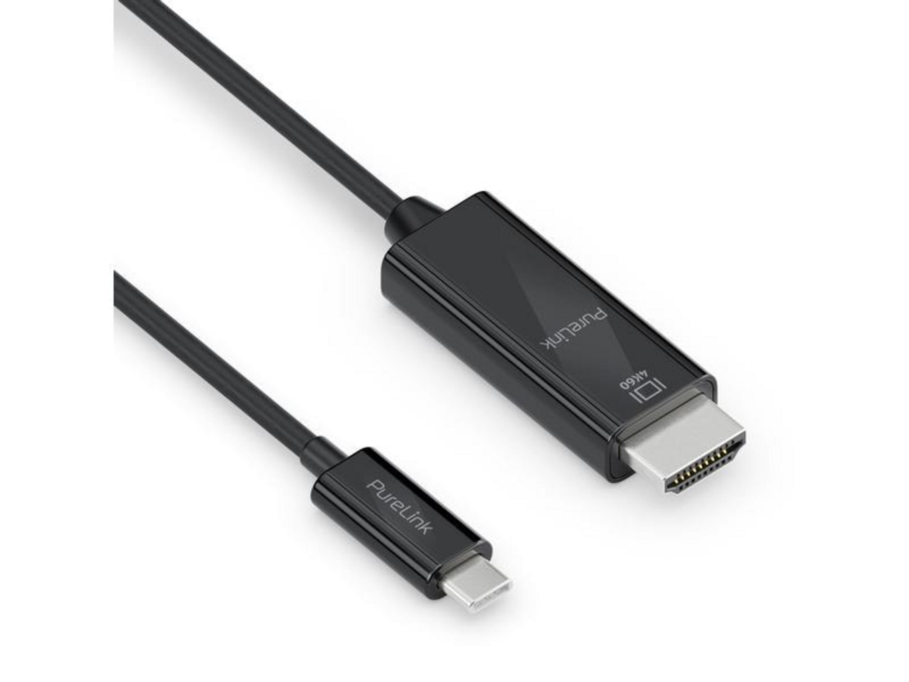 Un cable USB-C a HDMI negro, compatible con 4K60. Logotipo PureLink visible.