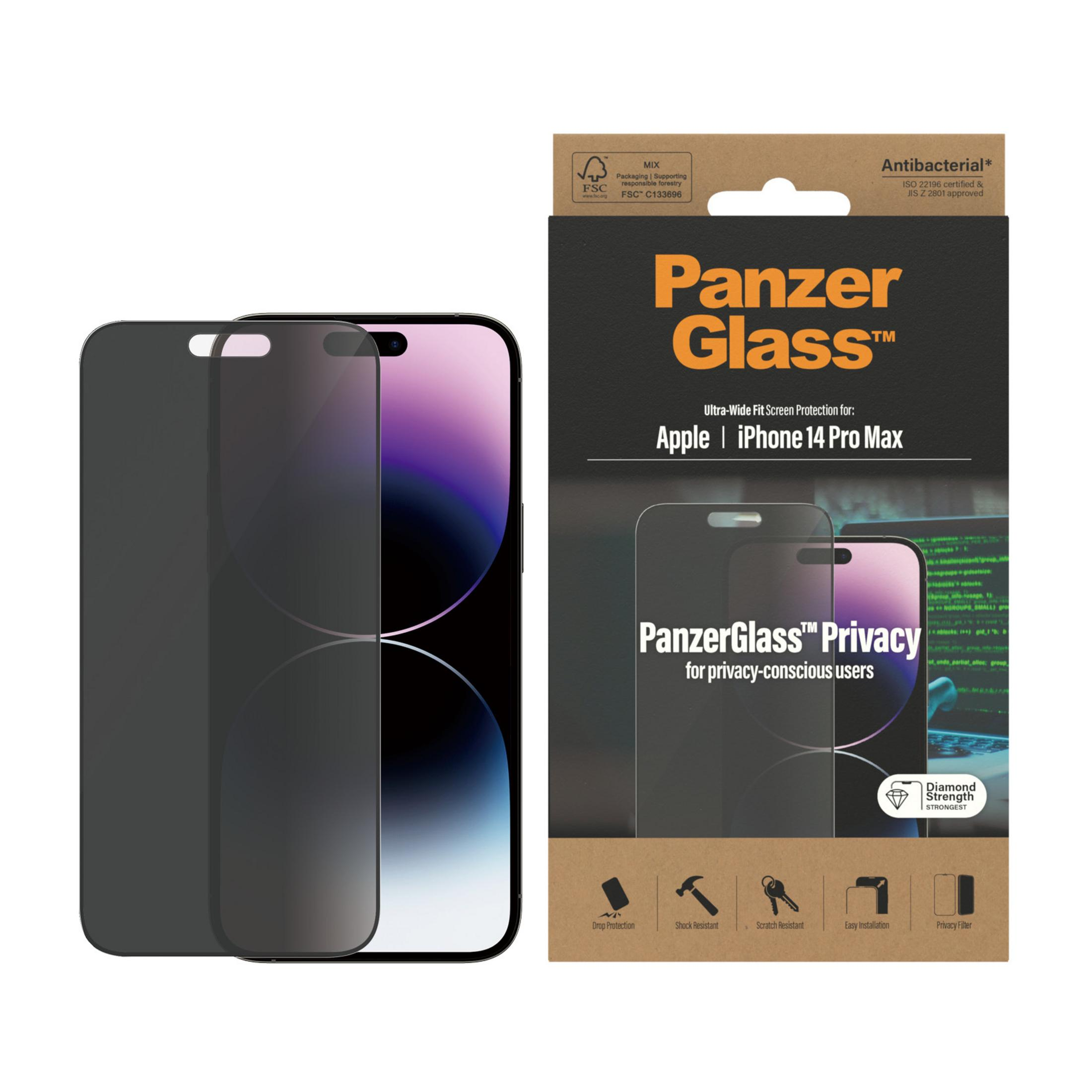 iPhone 14 Pro Max için PanzerGlass ekran koruyucu, gizlilik ve antibakteriyel özellikli.