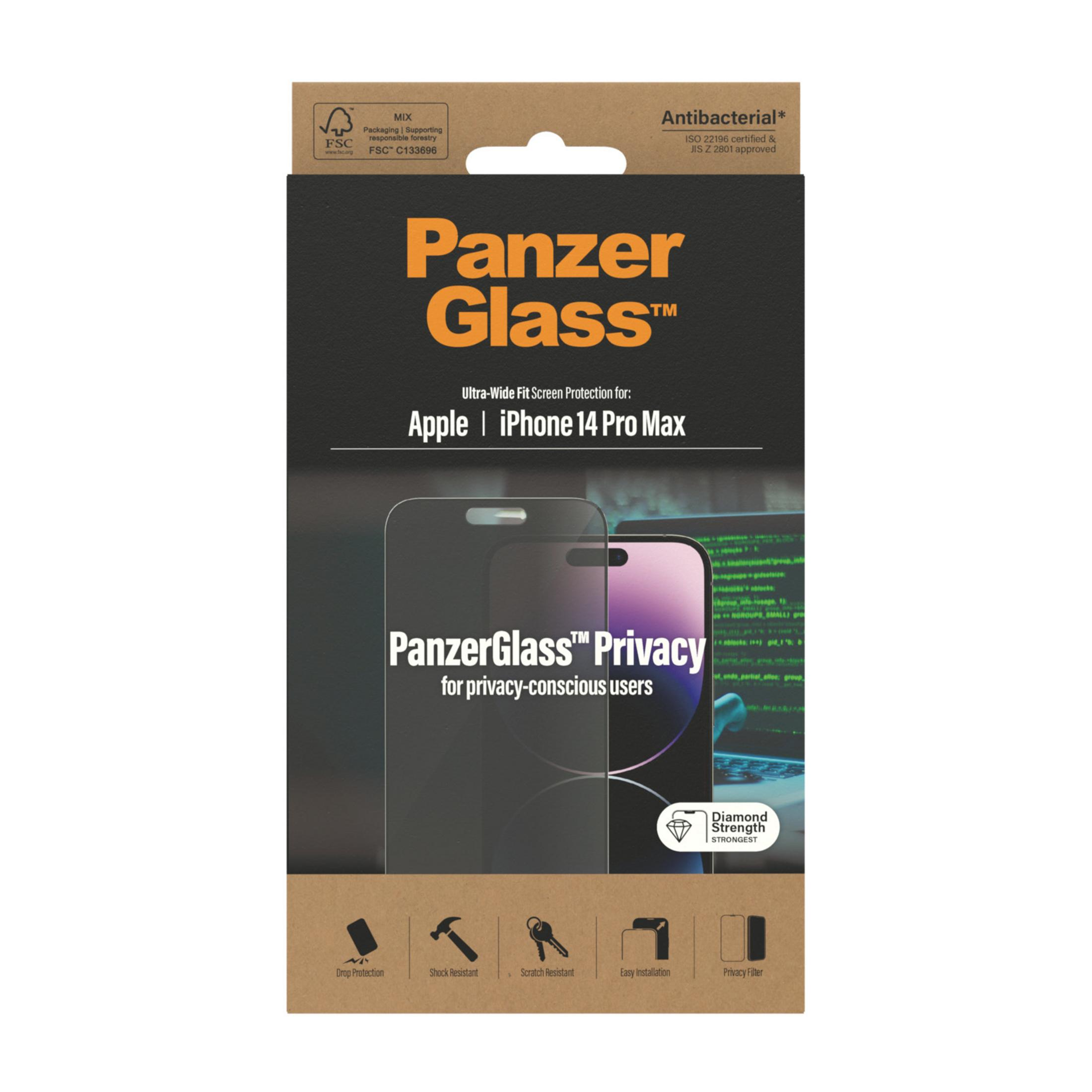 iPhone 14 Pro Max için PanzerGlass ekran koruyucu, koruma simgeleriyle.