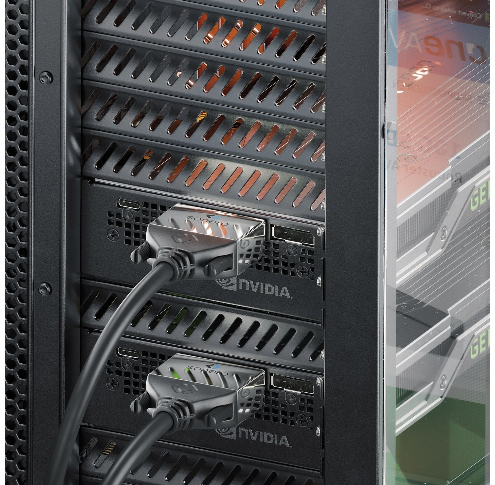Nahaufnahme eines schwarzen Computergehäuses mit zwei angeschlossenen Kabeln und NVIDIA-Logos.